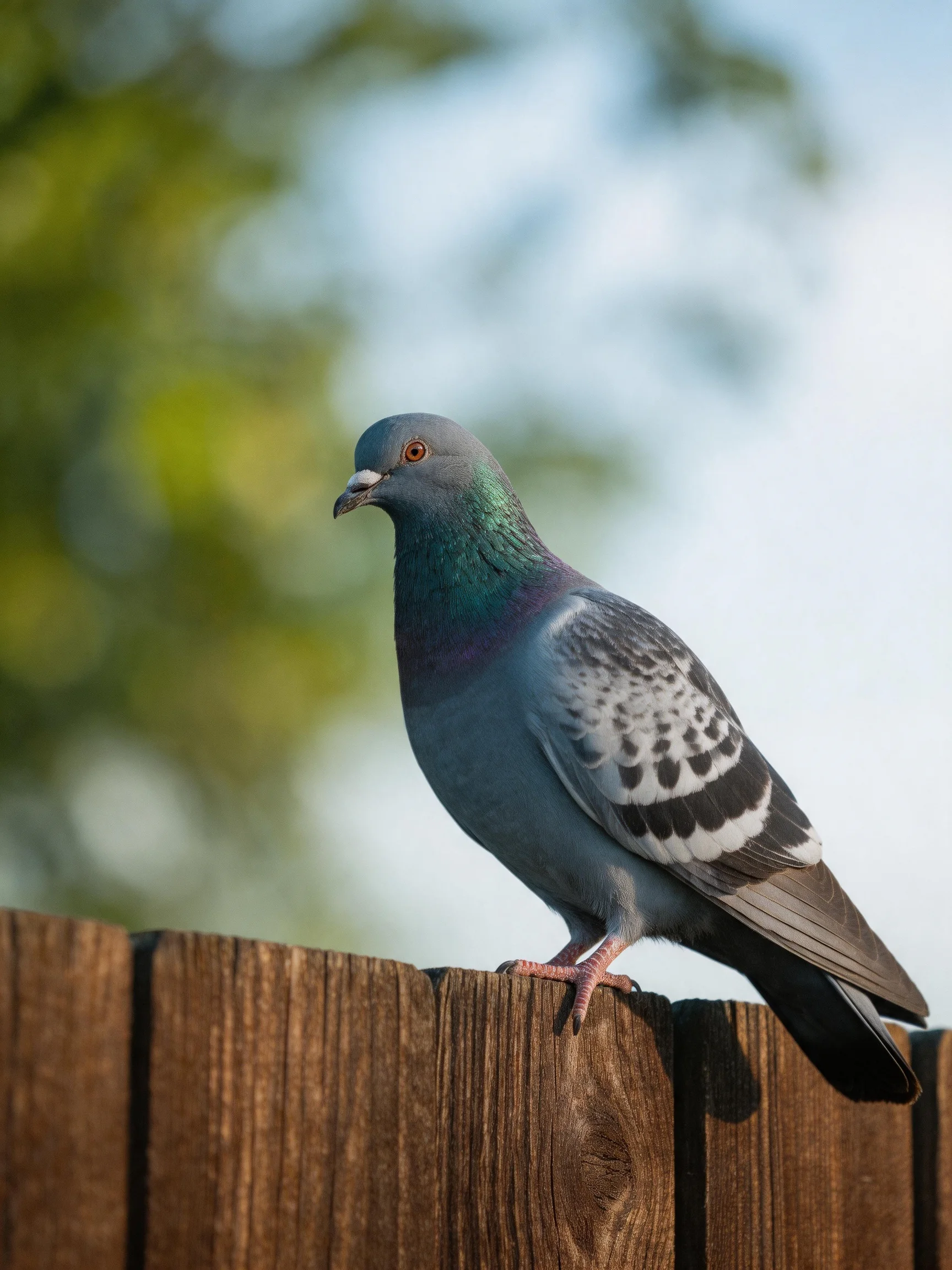 A gray pigeon with iridescent neck perches on a brown wooden fence