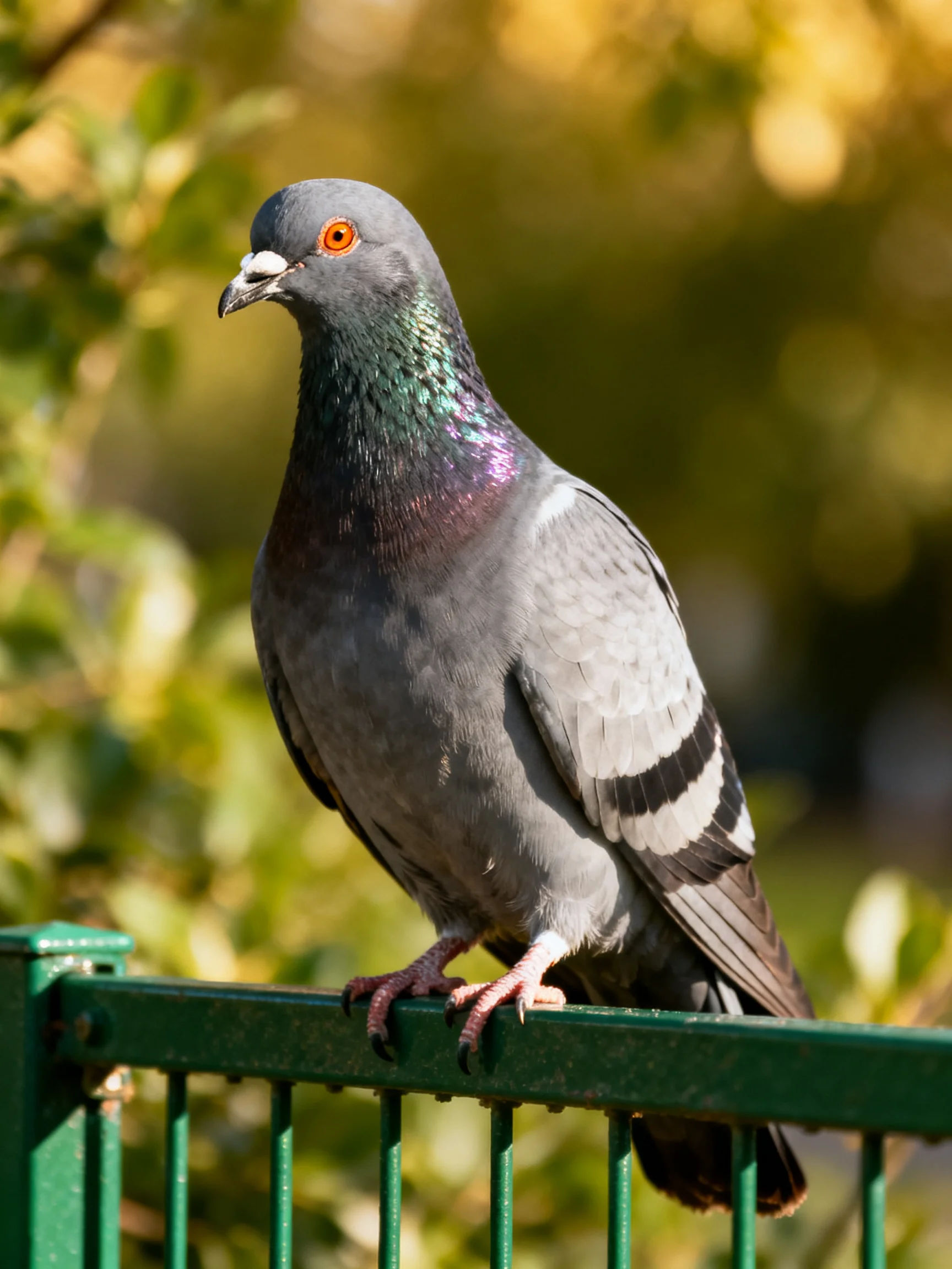 A gray pigeon rests on a green fence amid blurred foliage.