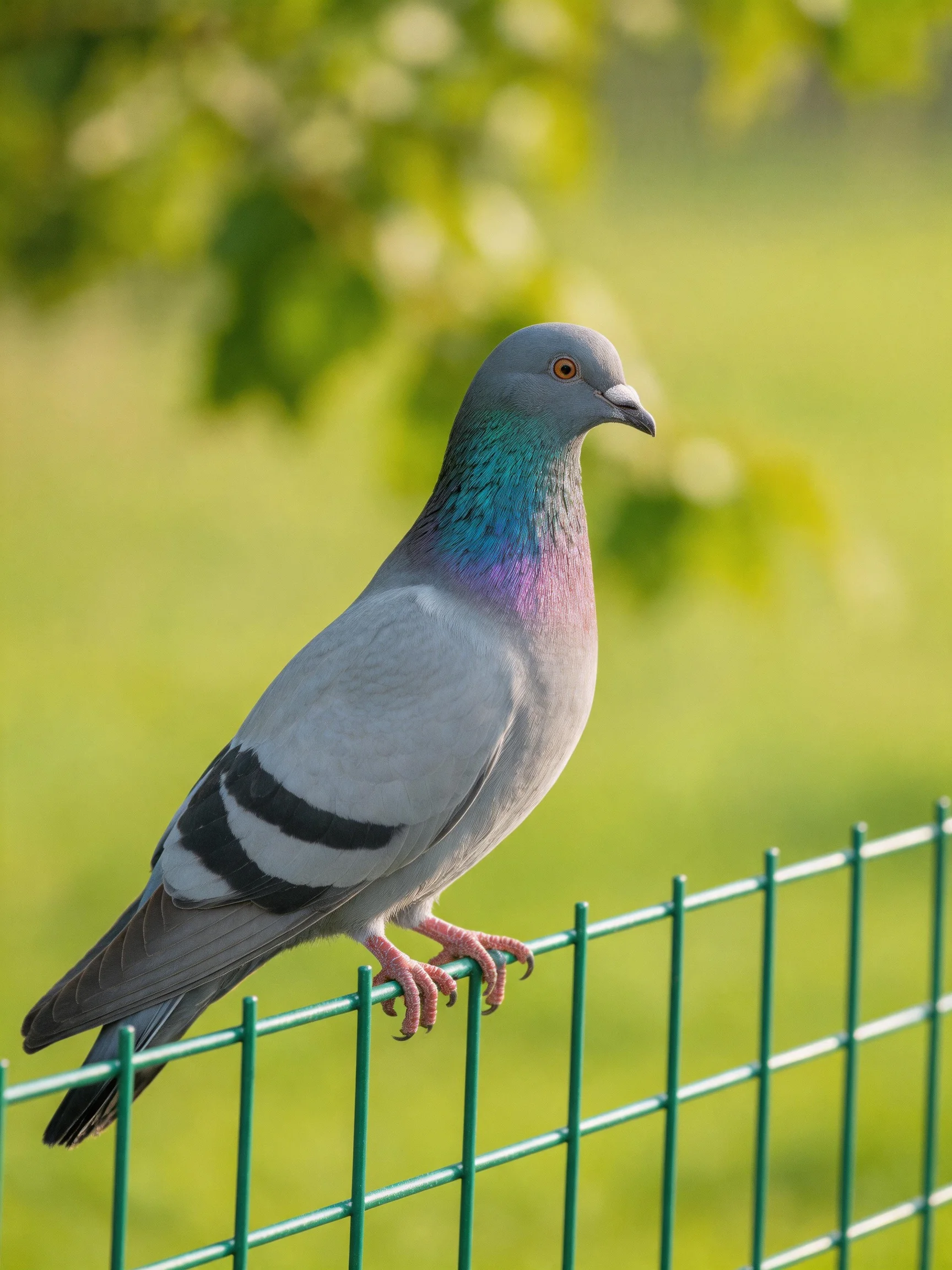 A gray pigeon with iridescent neck perches on a green fence