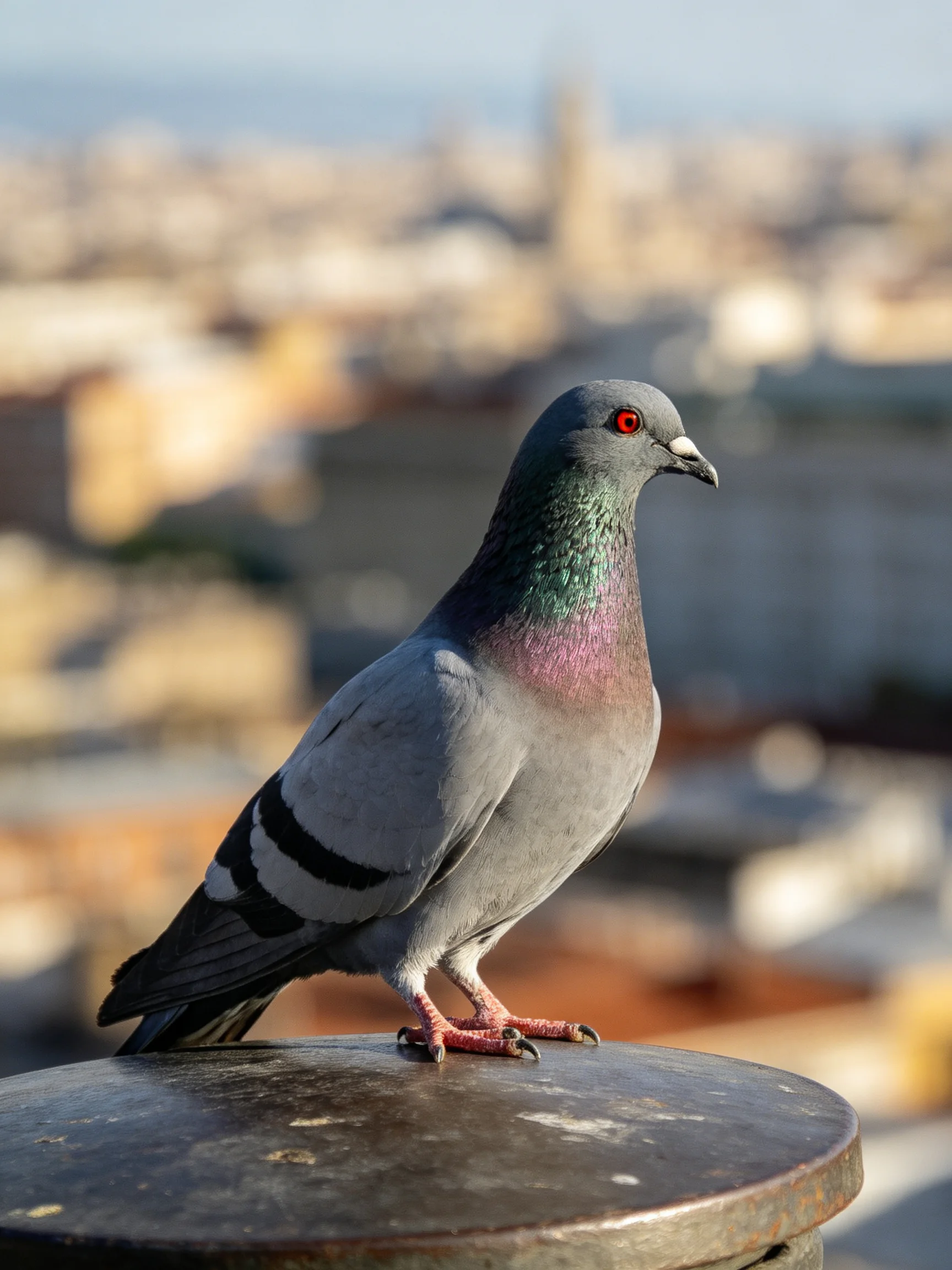 A gray pigeon with colorful plumage perches on a metal structure amid a blurred cityscape.