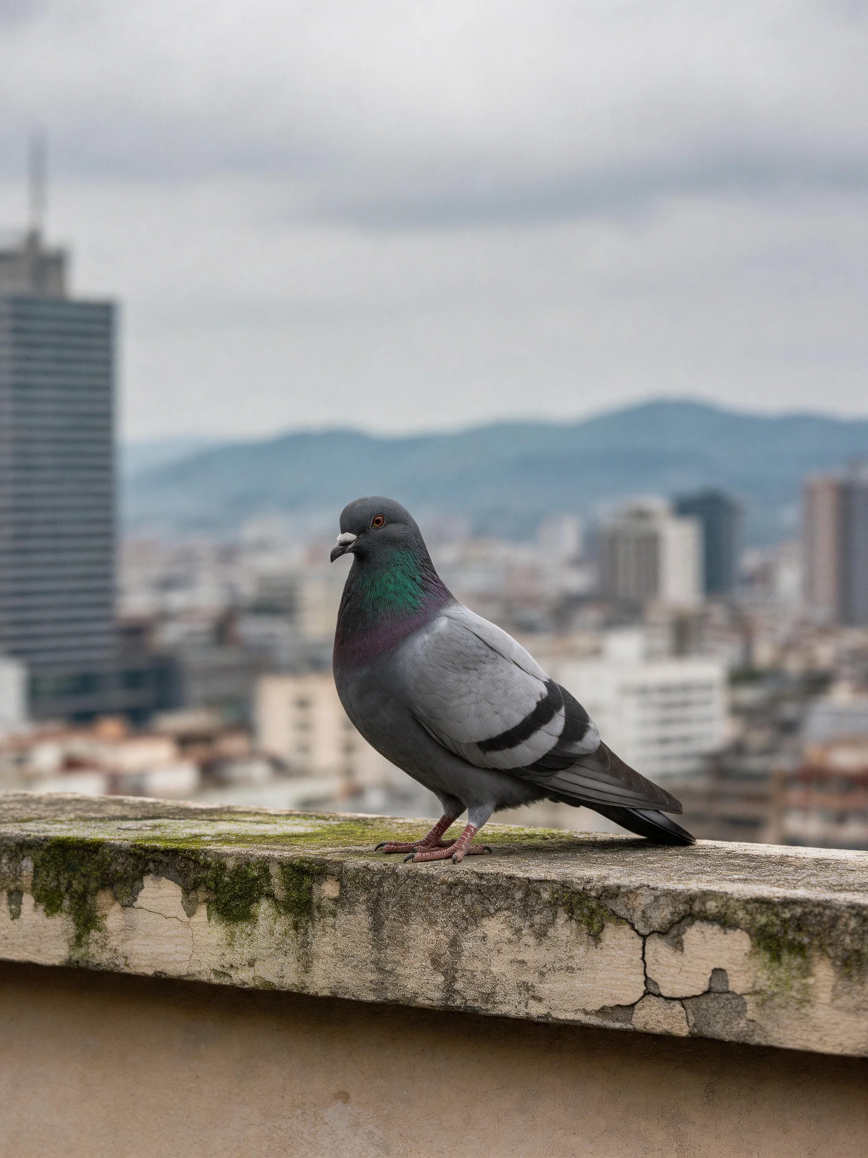 A gray pigeon with iridescent neck perches on a moss-covered concrete ledge overlooking a city.