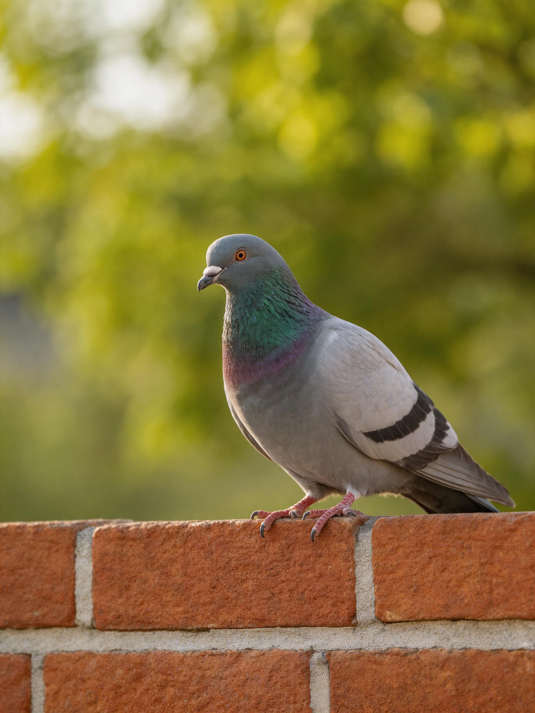 A gray pigeon with iridescent neck perches on a reddish-brown brick wall