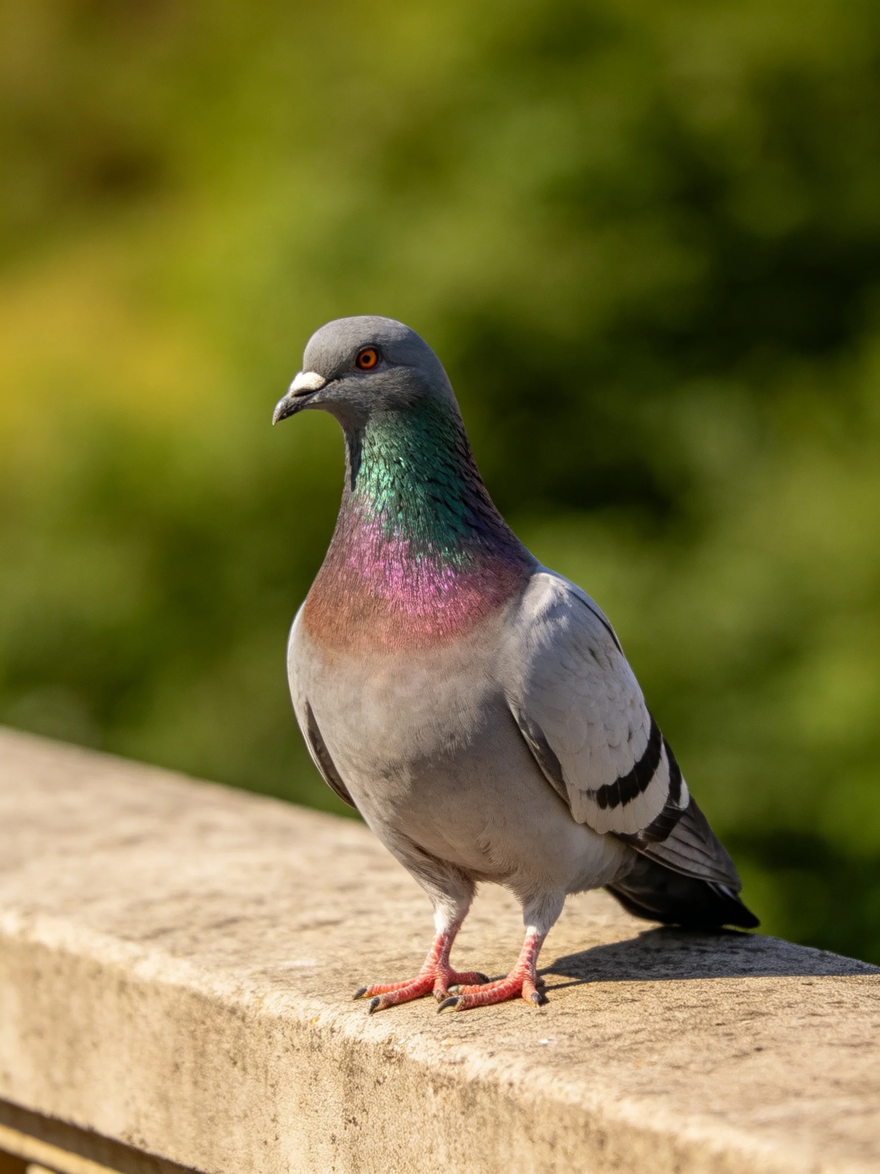 A gray pigeon with colorful plumage rests on a stone ledge.