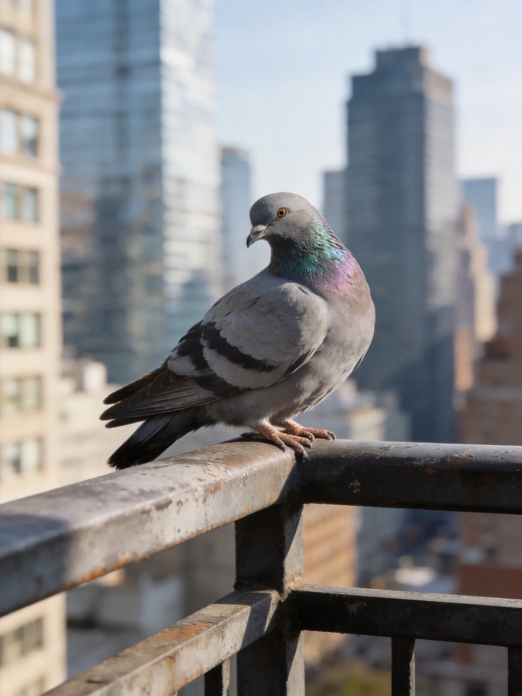 A gray pigeon with iridescent neck perches on a weathered metal railing near skyscrapers.