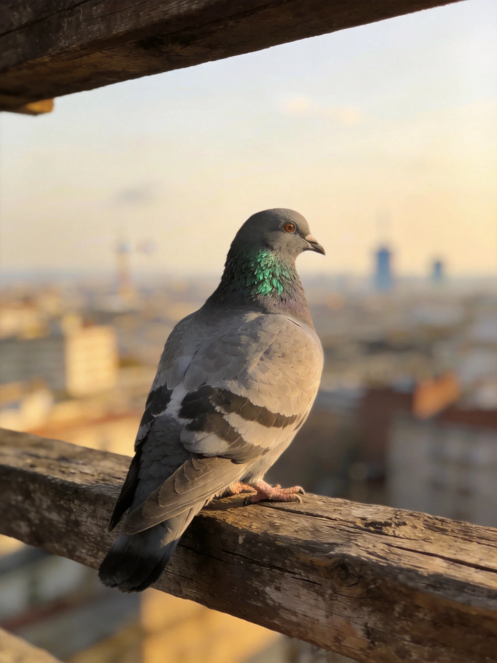 A gray pigeon rests on a wooden beam with a blurred city backdrop.