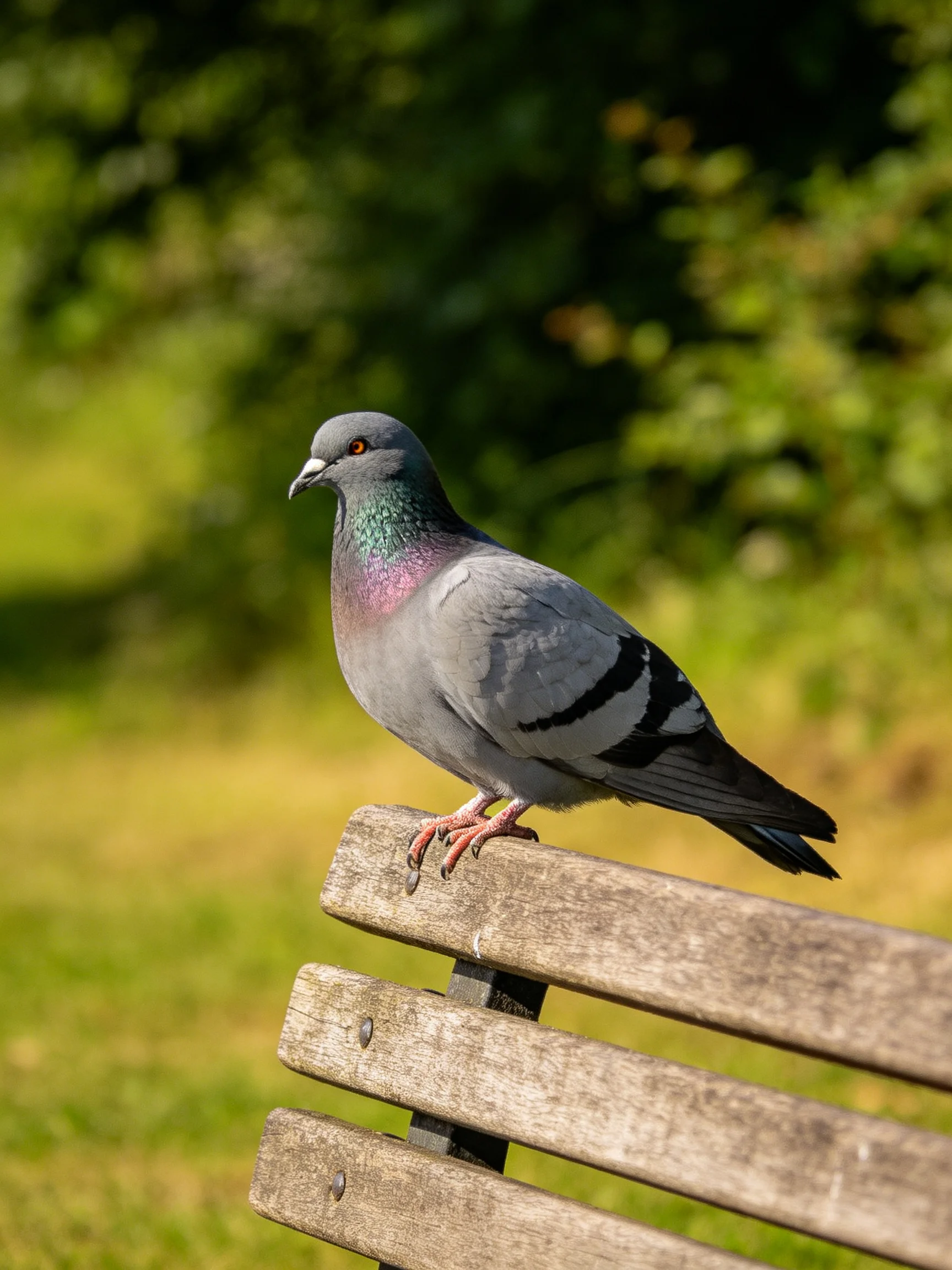 A gray pigeon with iridescent neck perches on a weathered wooden bench