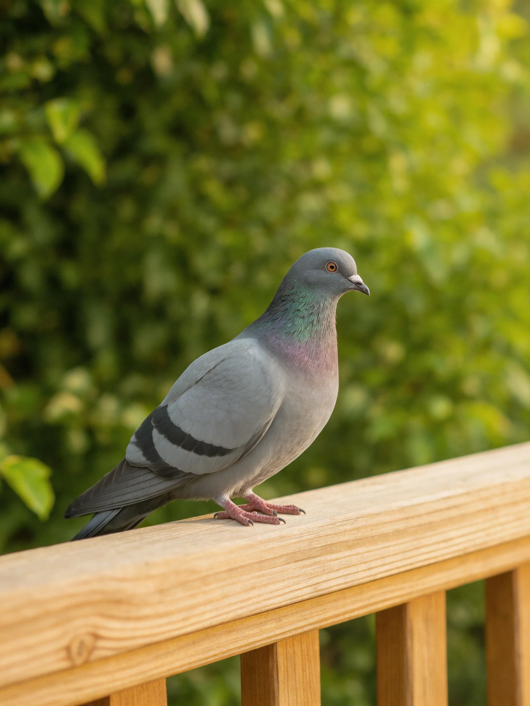 A gray pigeon with iridescent neck perches on a wooden railing near green foliage