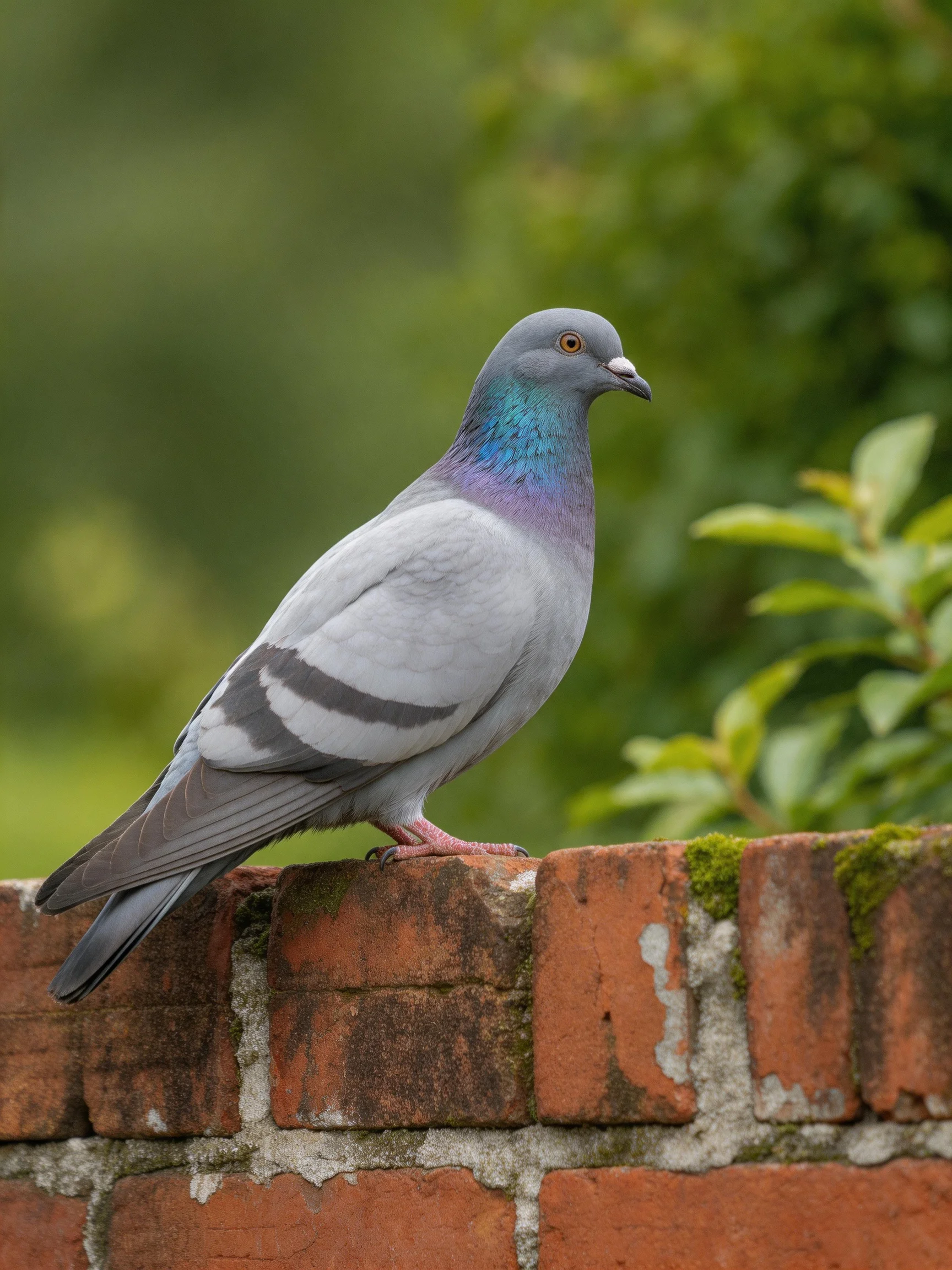 A gray pigeon with iridescent neck perches on an aged brick wall