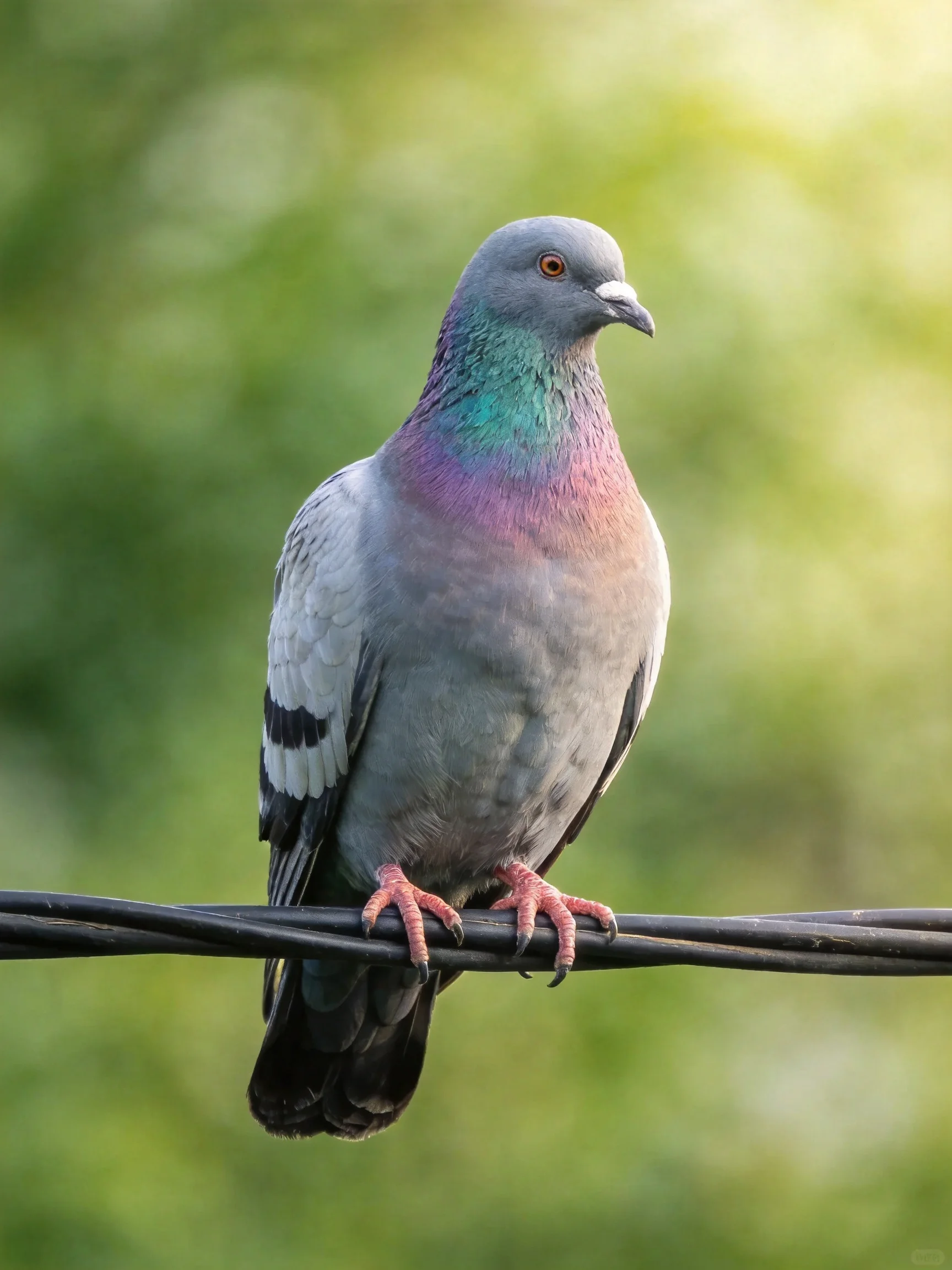 A gray pigeon with iridescent neck plumage perched on a wire
