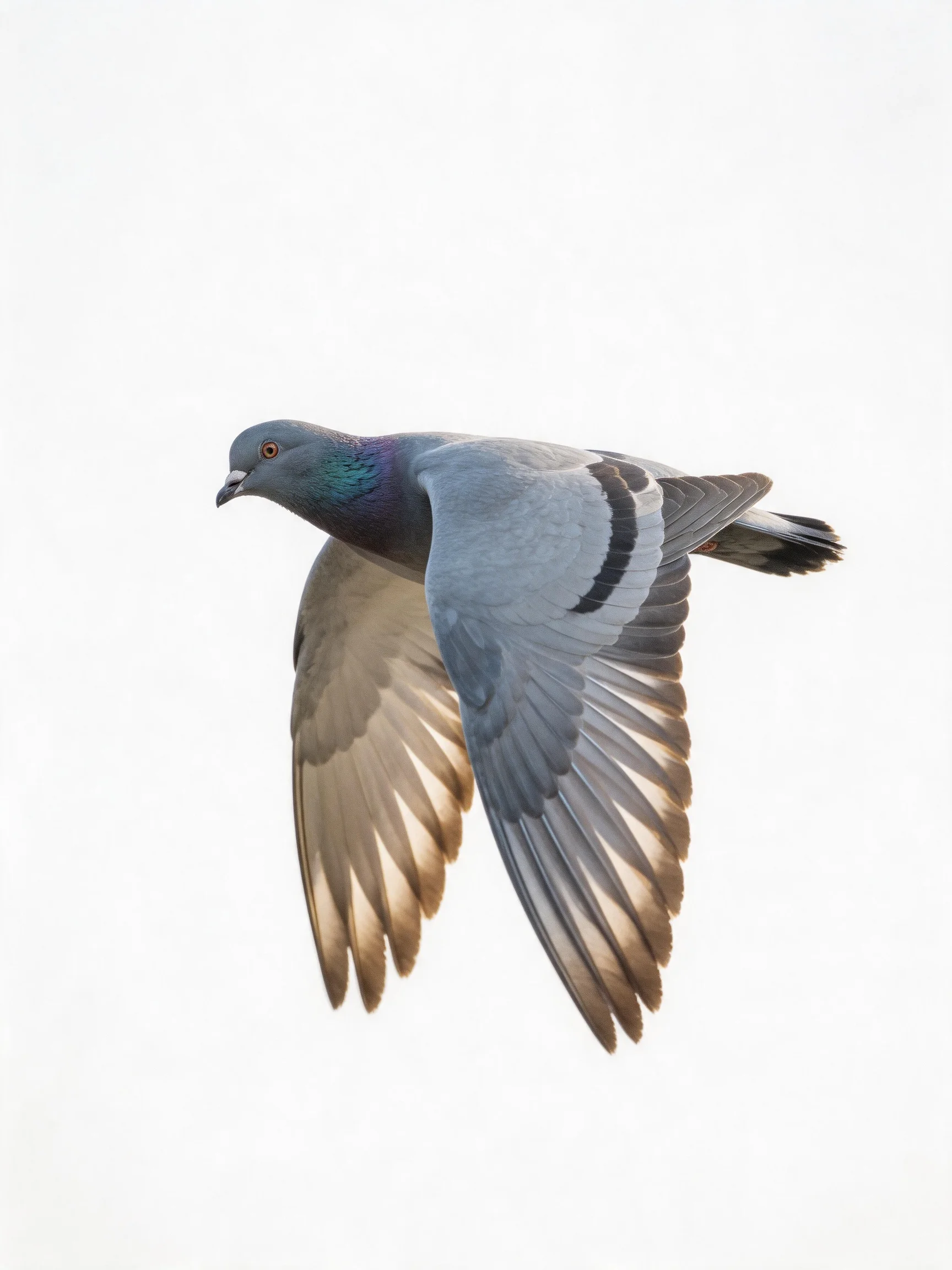 A gray pigeon with iridescent neck soars against a white sky
