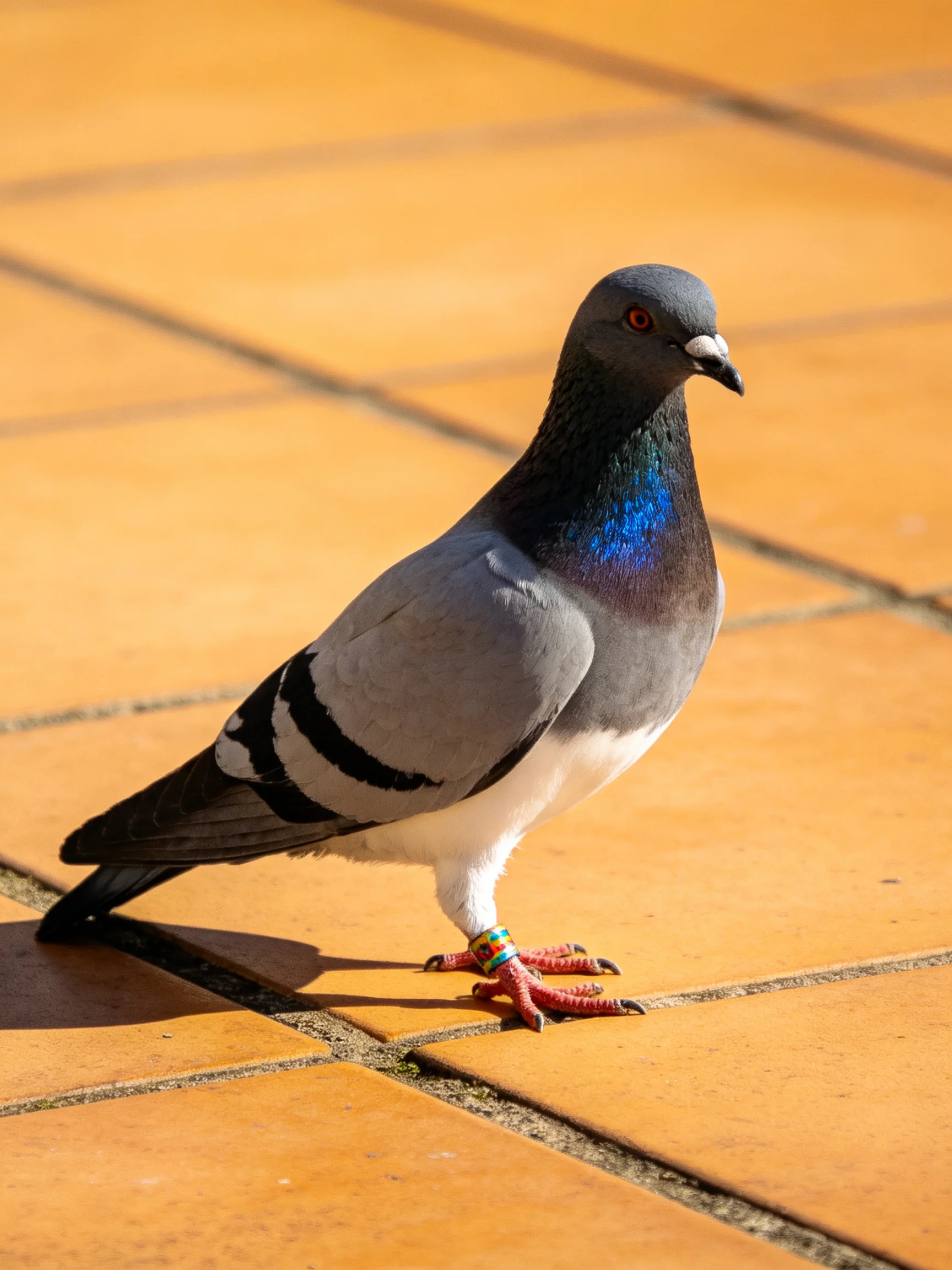 A pigeon with iridescent neck stands on orange tiles.