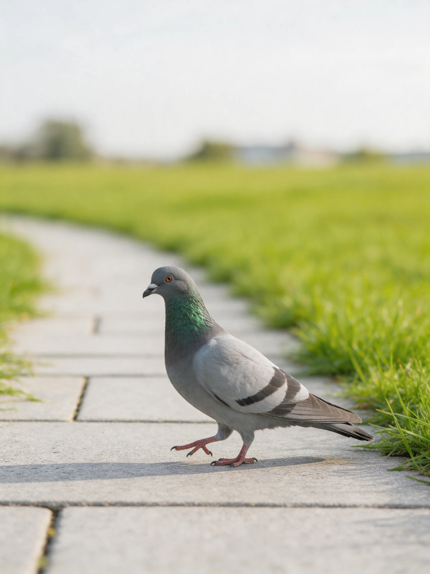 A gray pigeon with iridescent neck walks on a stone path near green grass