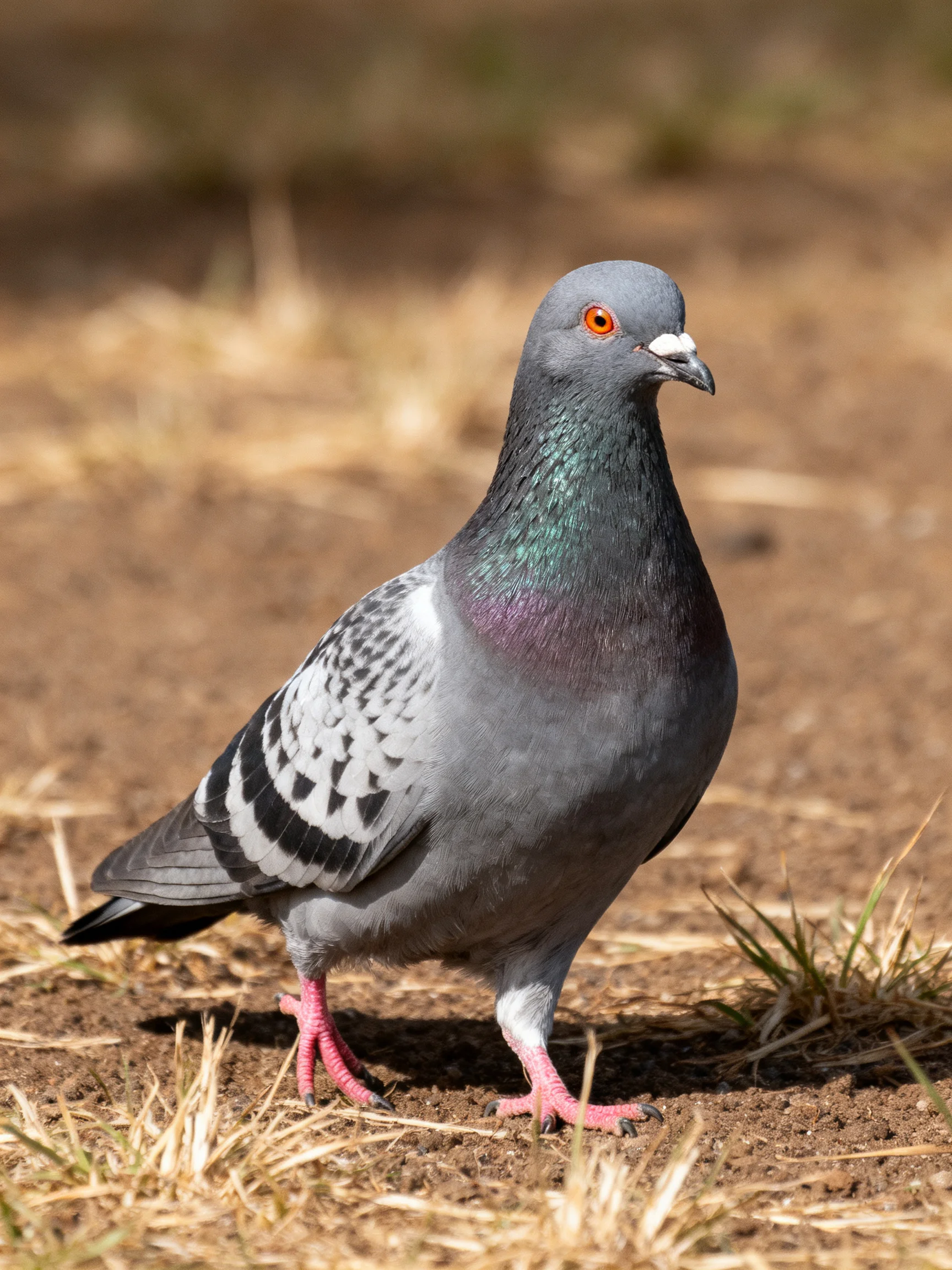 A gray pigeon with iridescent plumage on earthy ground