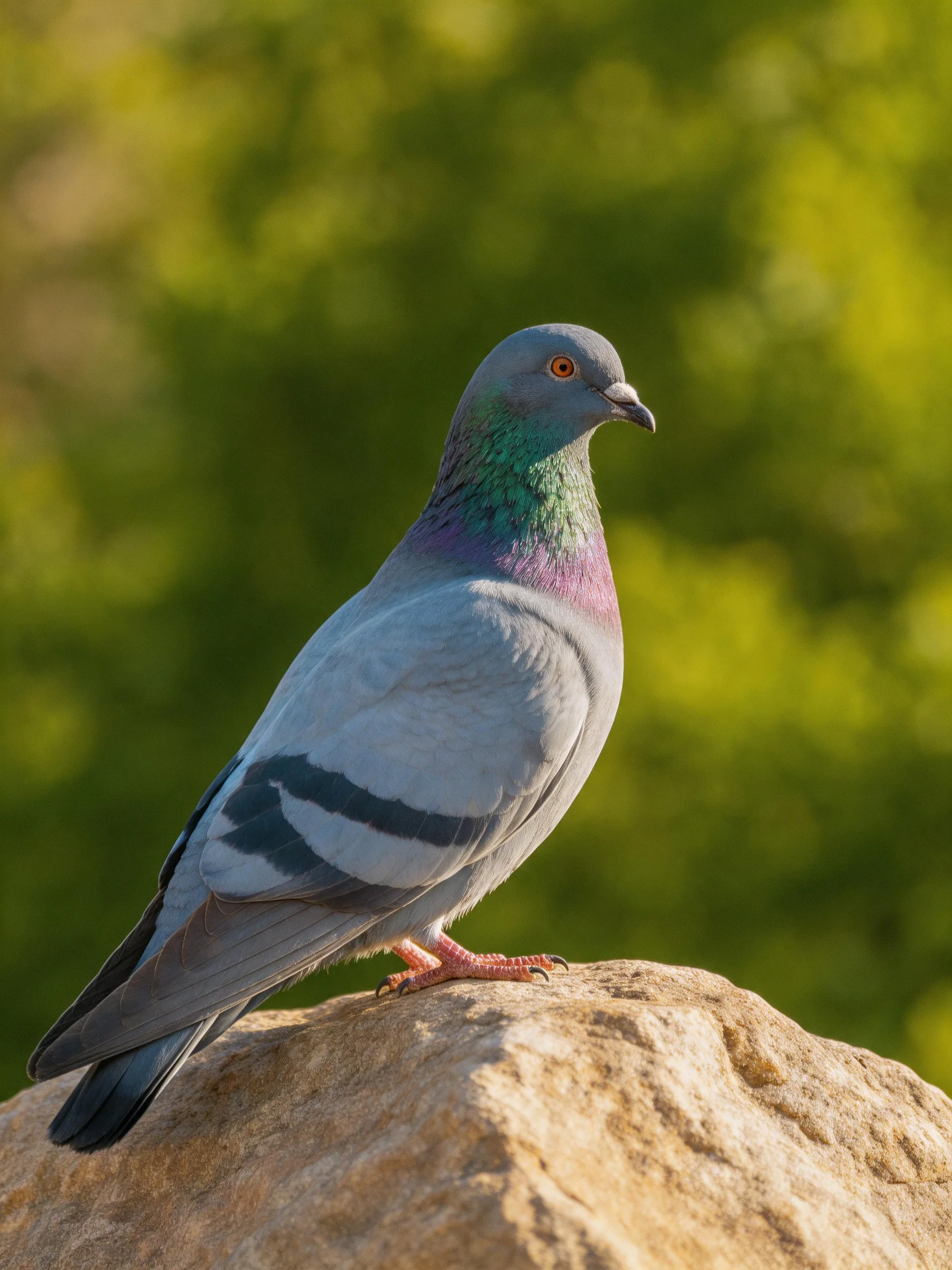 A gray pigeon with iridescent plumage perched on a rock