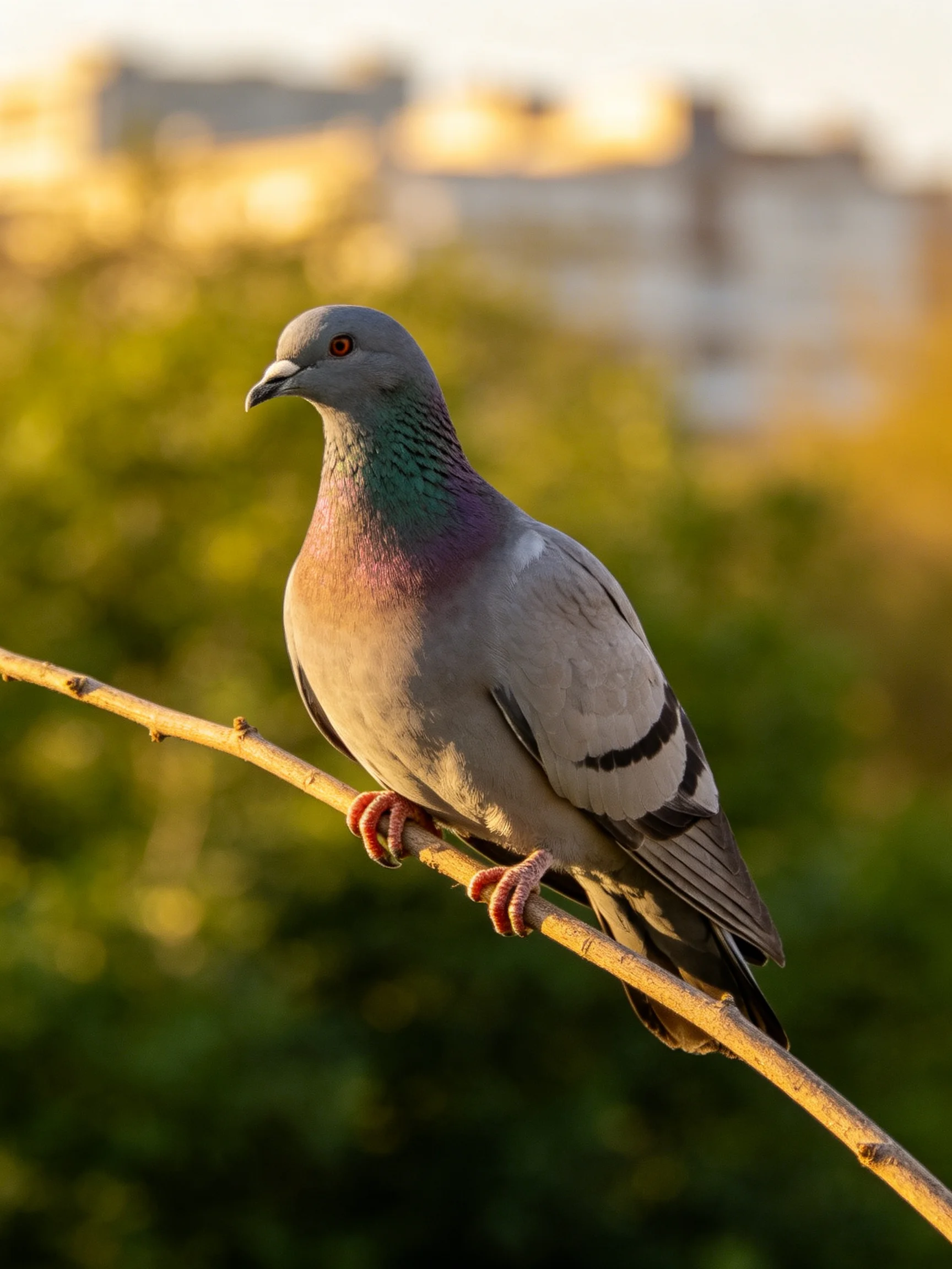 A gray pigeon with iridescent plumage perched on a thin branch