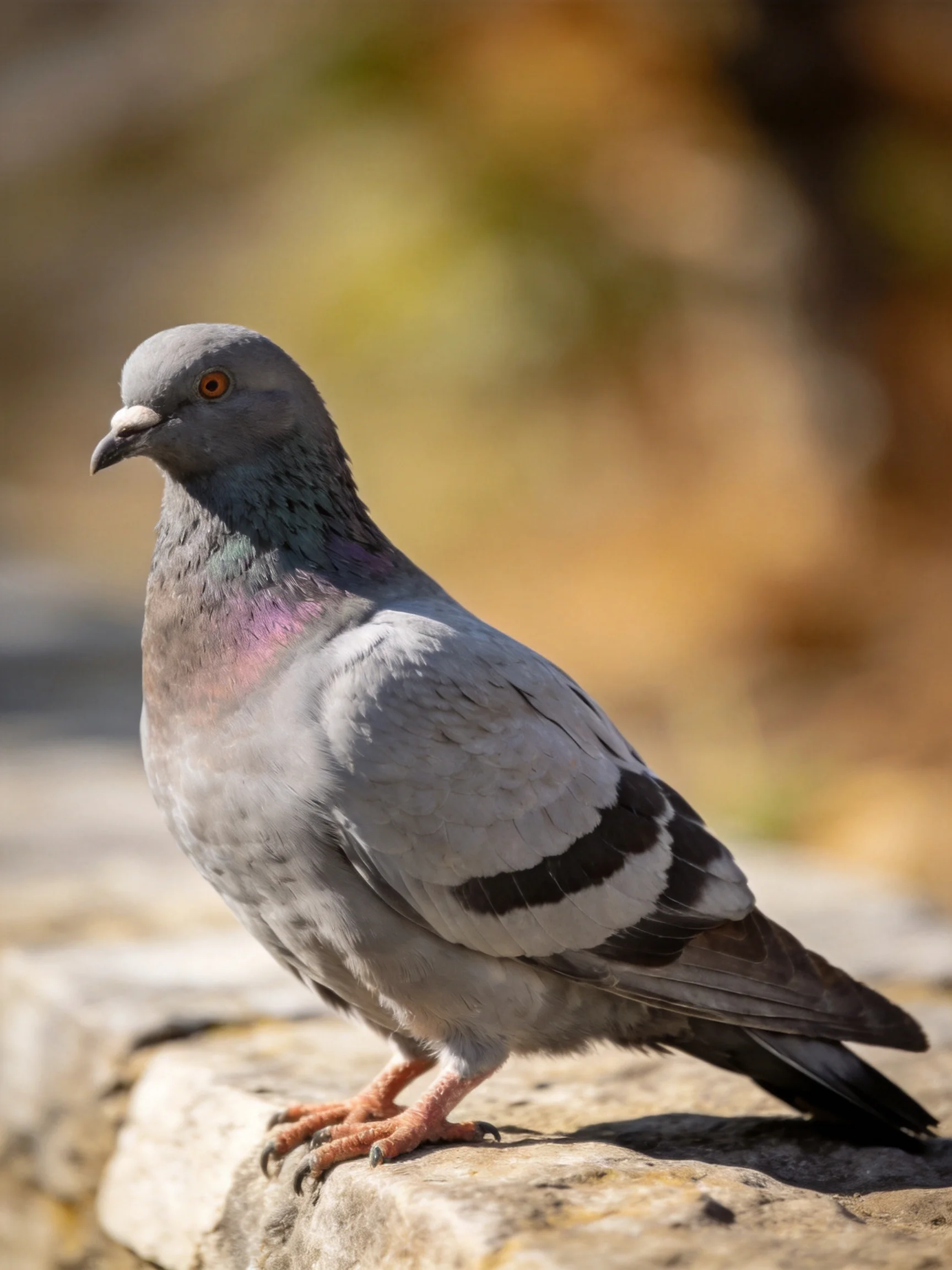 A gray pigeon with iridescent plumage perched on weathered stone