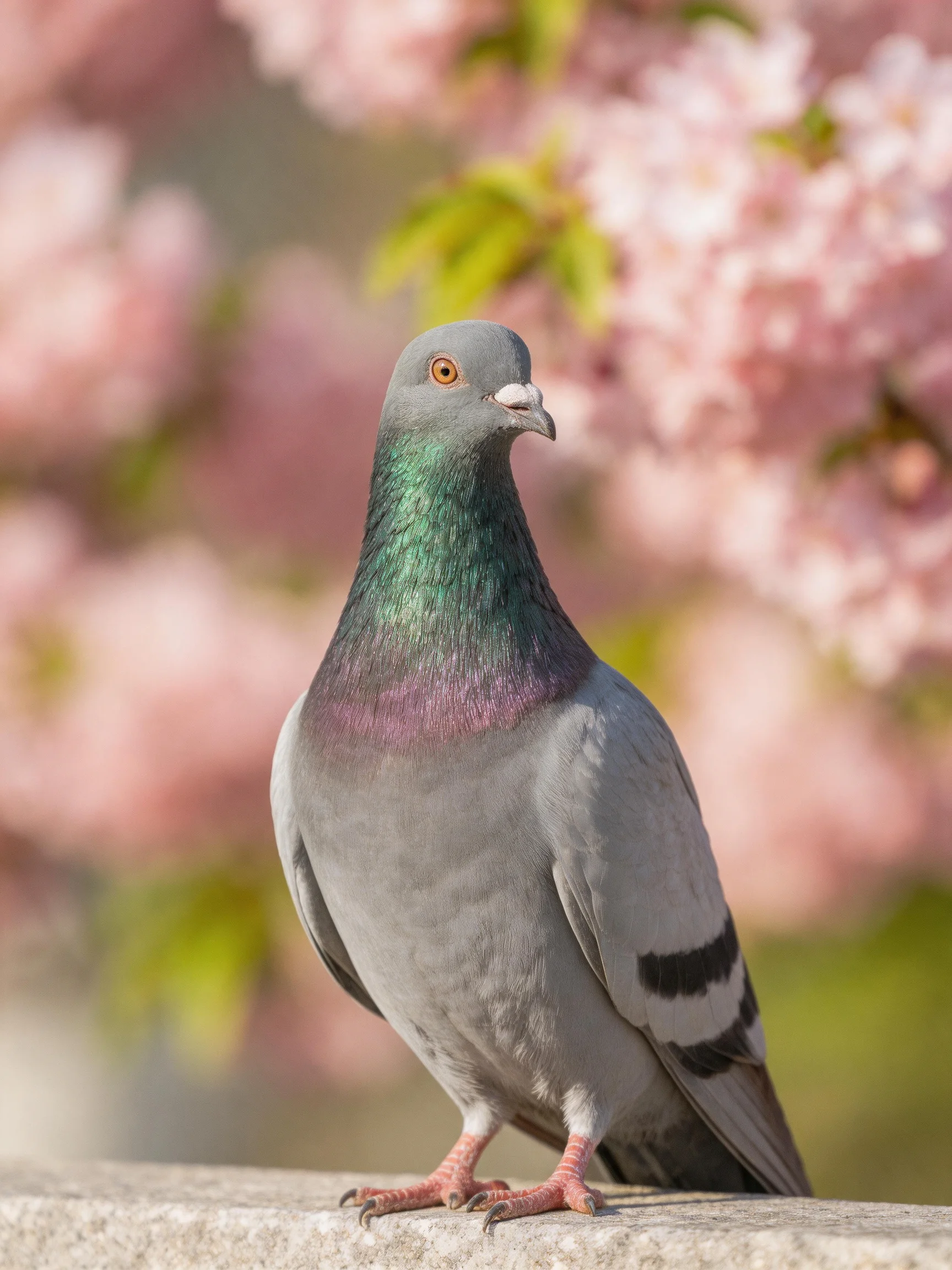 A gray pigeon with iridescent plumage perches near soft pink cherry blossoms