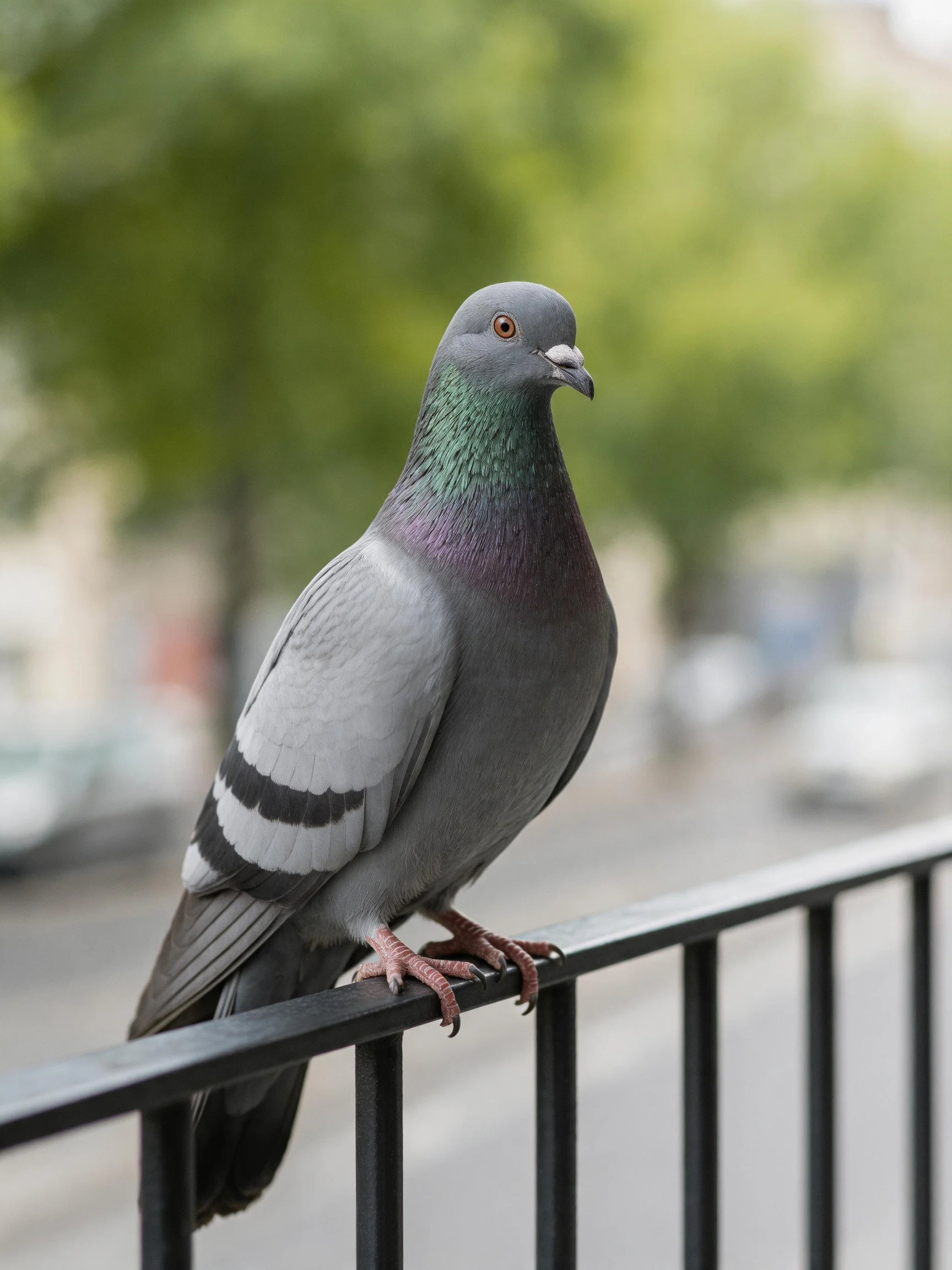 A gray pigeon with iridescent plumage perches on a black metal railing