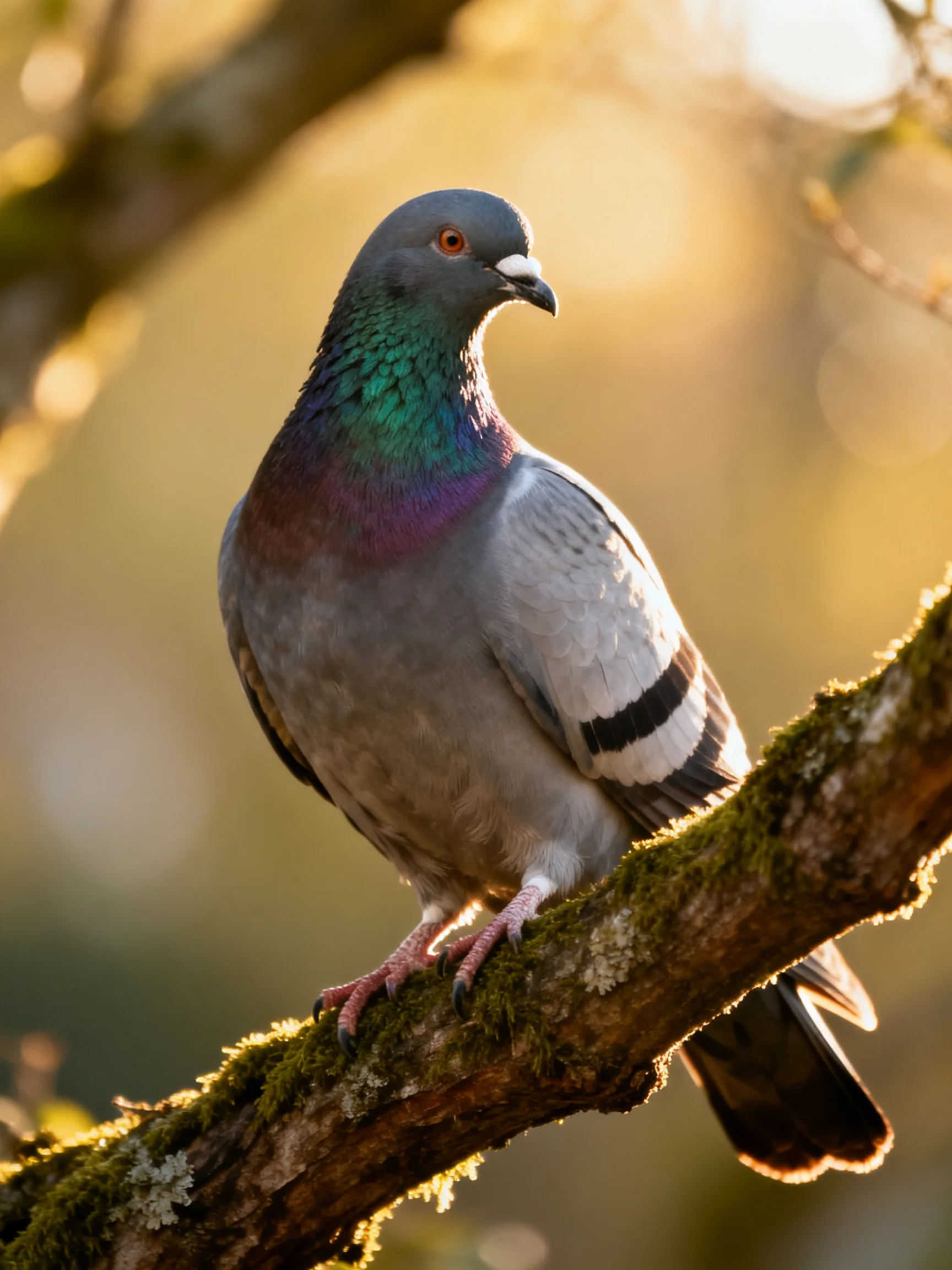 An iridescent - plumed pigeon sits atop a mossy tree branch in soft, golden light.