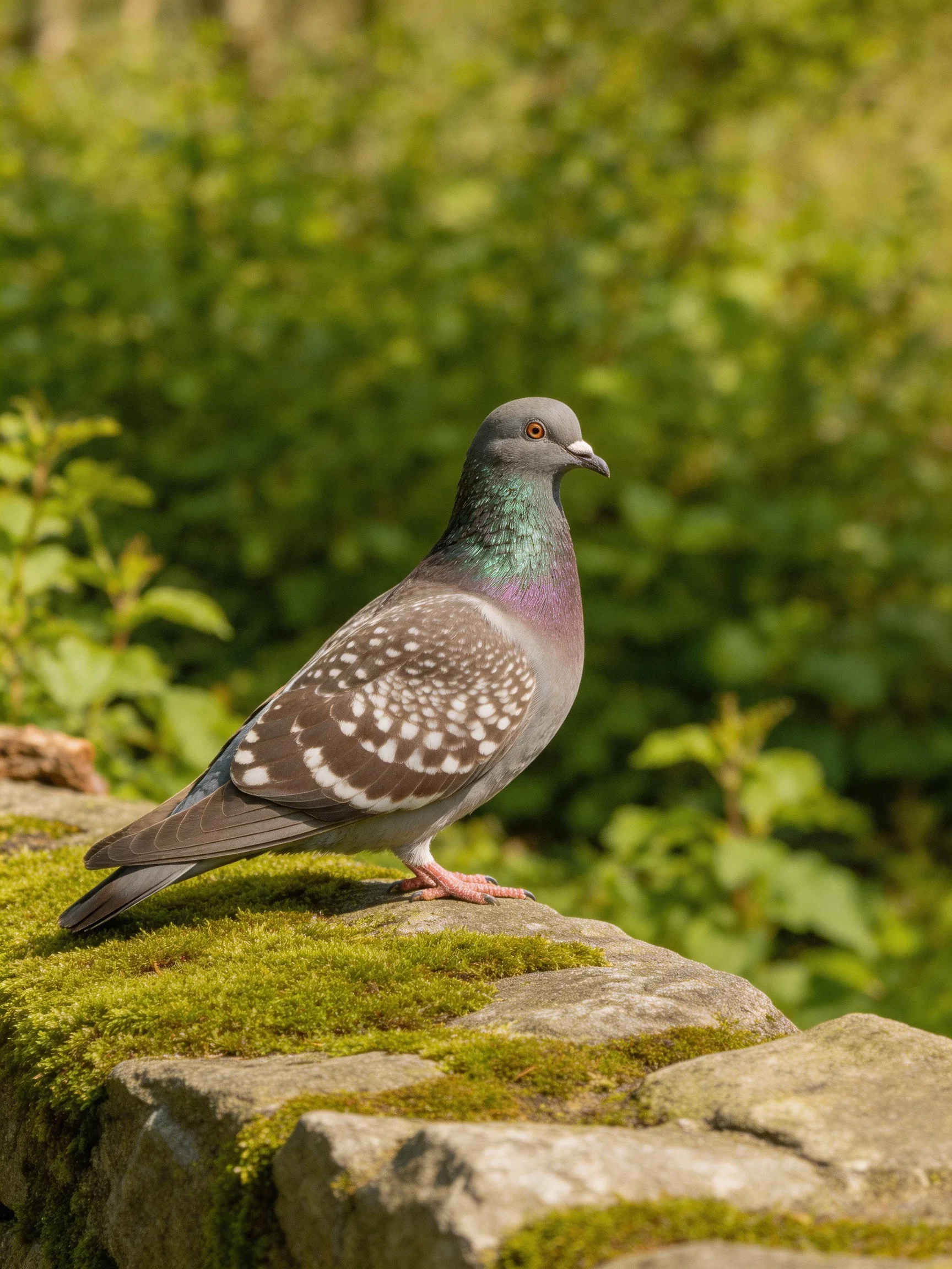 A gray pigeon with iridescent plumage perches on a mossy stone ledge
