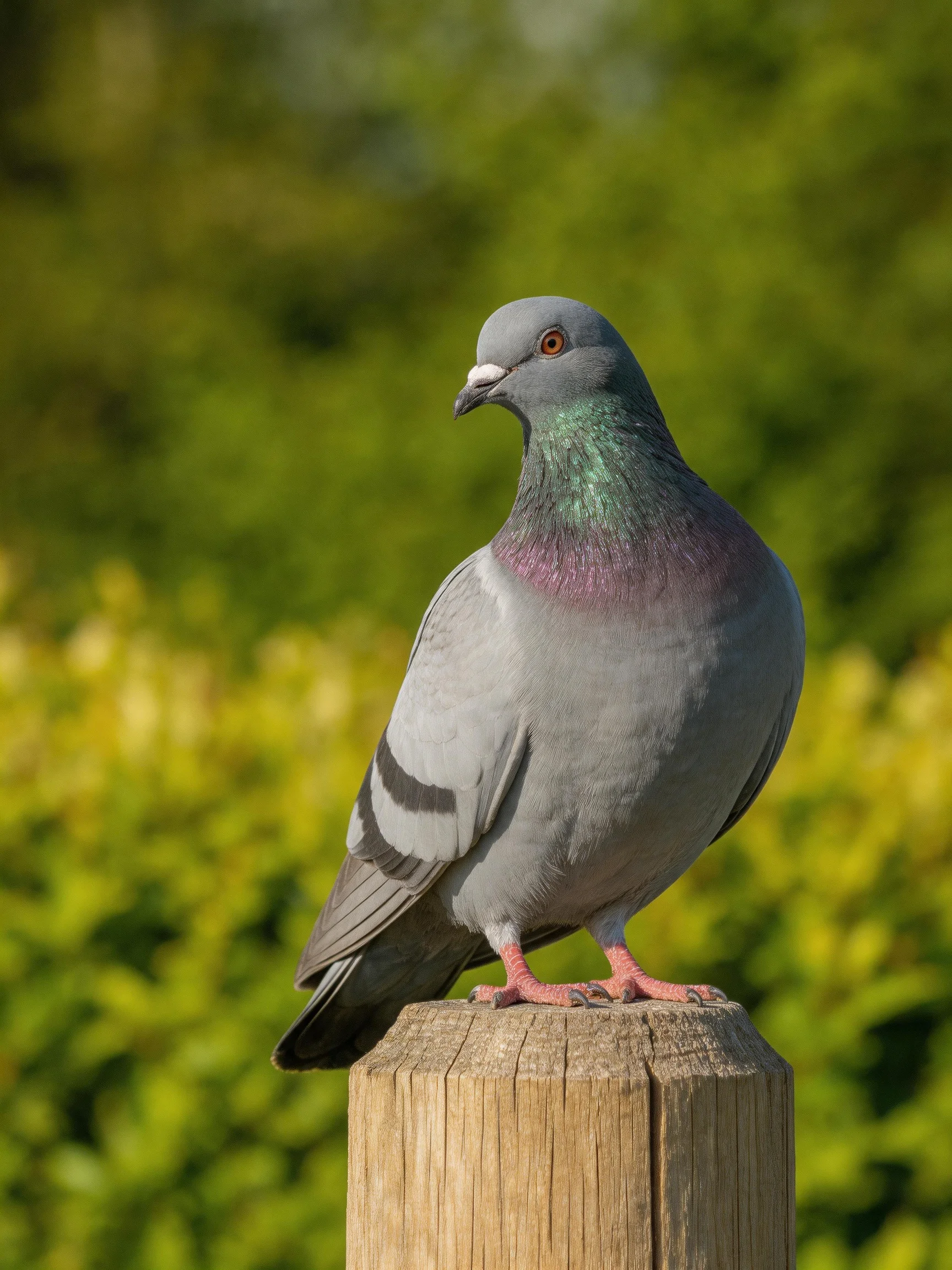 A gray pigeon with iridescent plumage perches on a wooden post