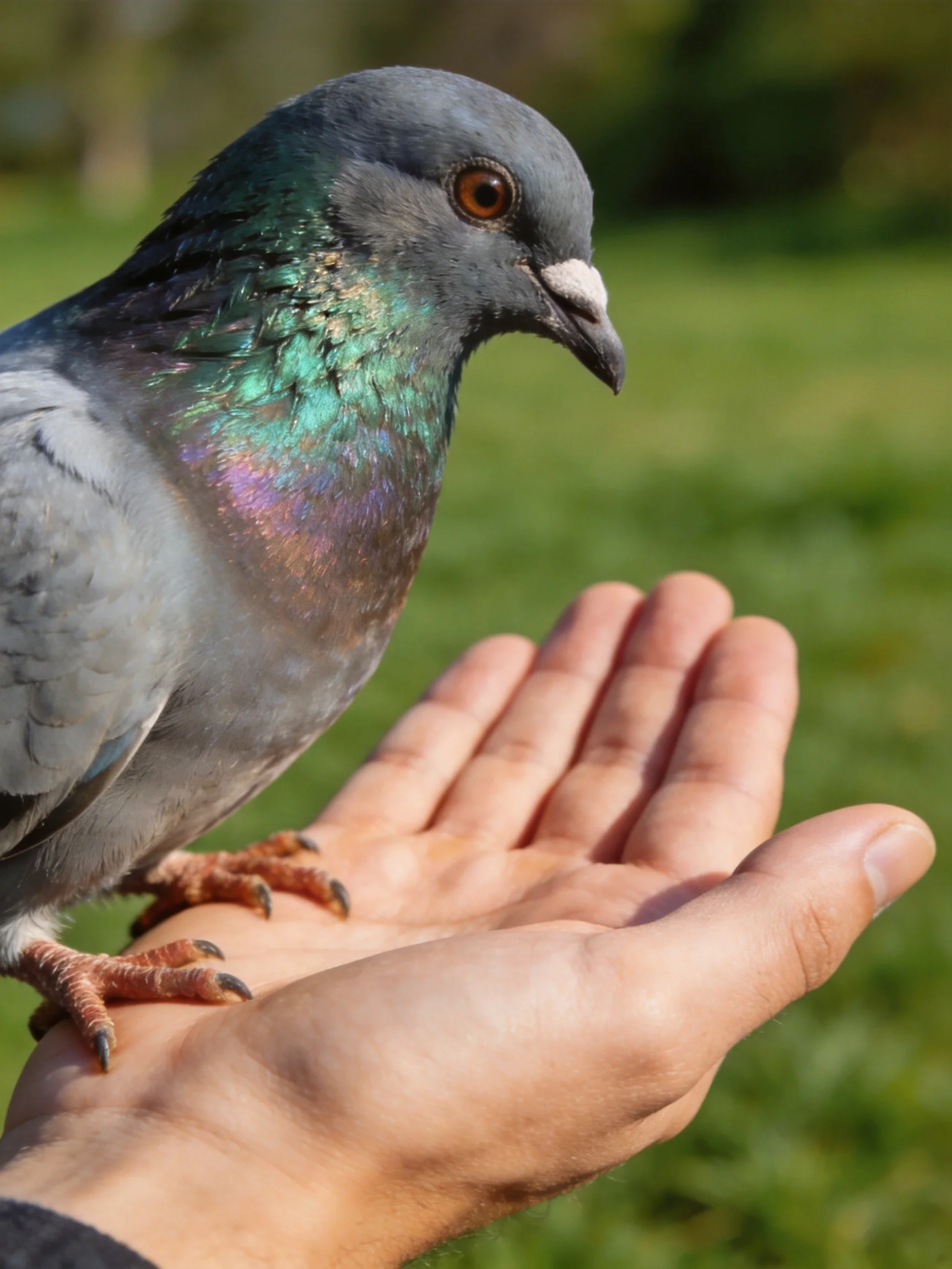 A gray pigeon with iridescent plumage perches on an outstretched hand