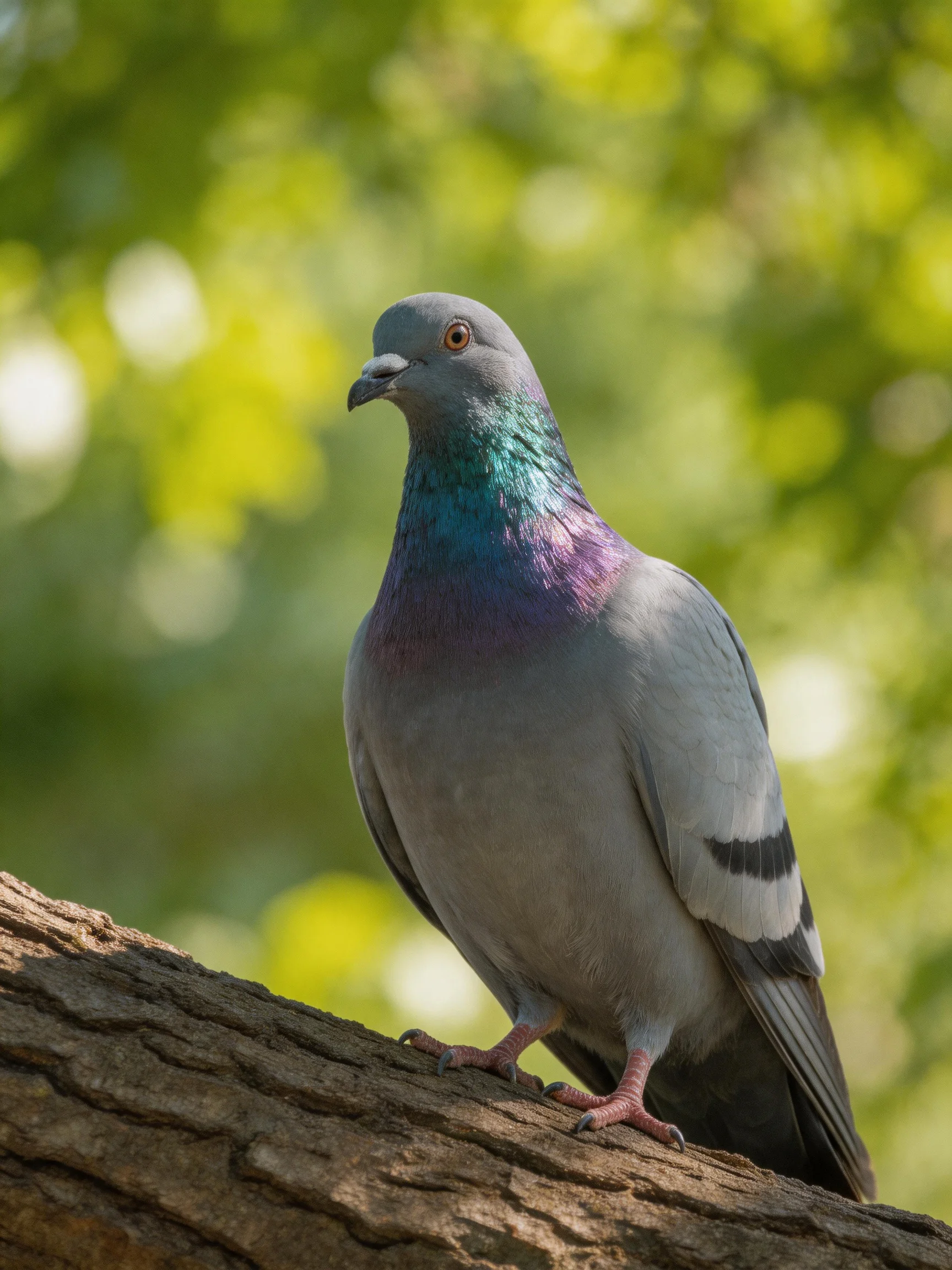 A gray pigeon with iridescent purple-green neck perched on a tree trunk