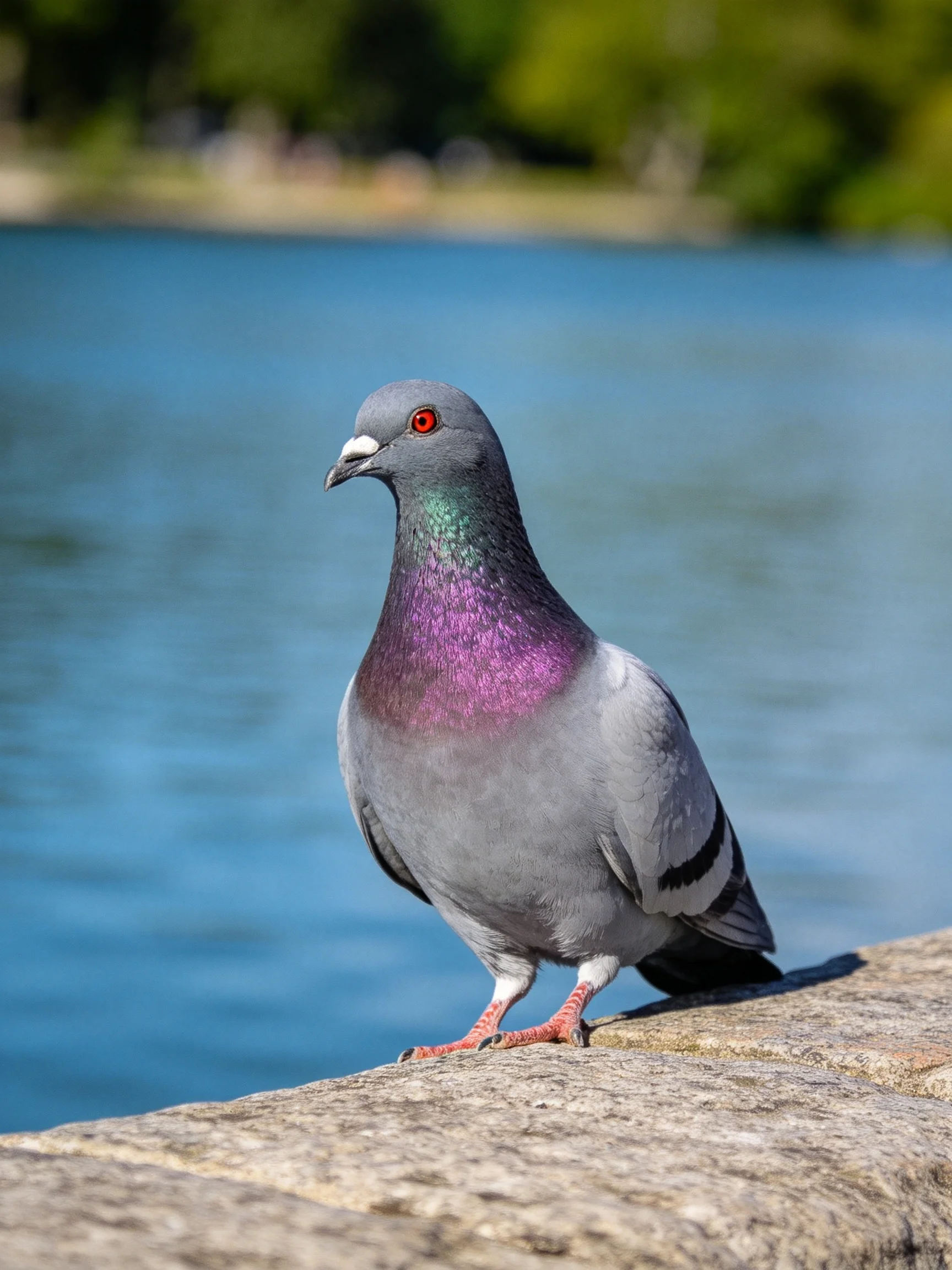A gray pigeon with colorful plumage perches on a stone ledge by calm water.