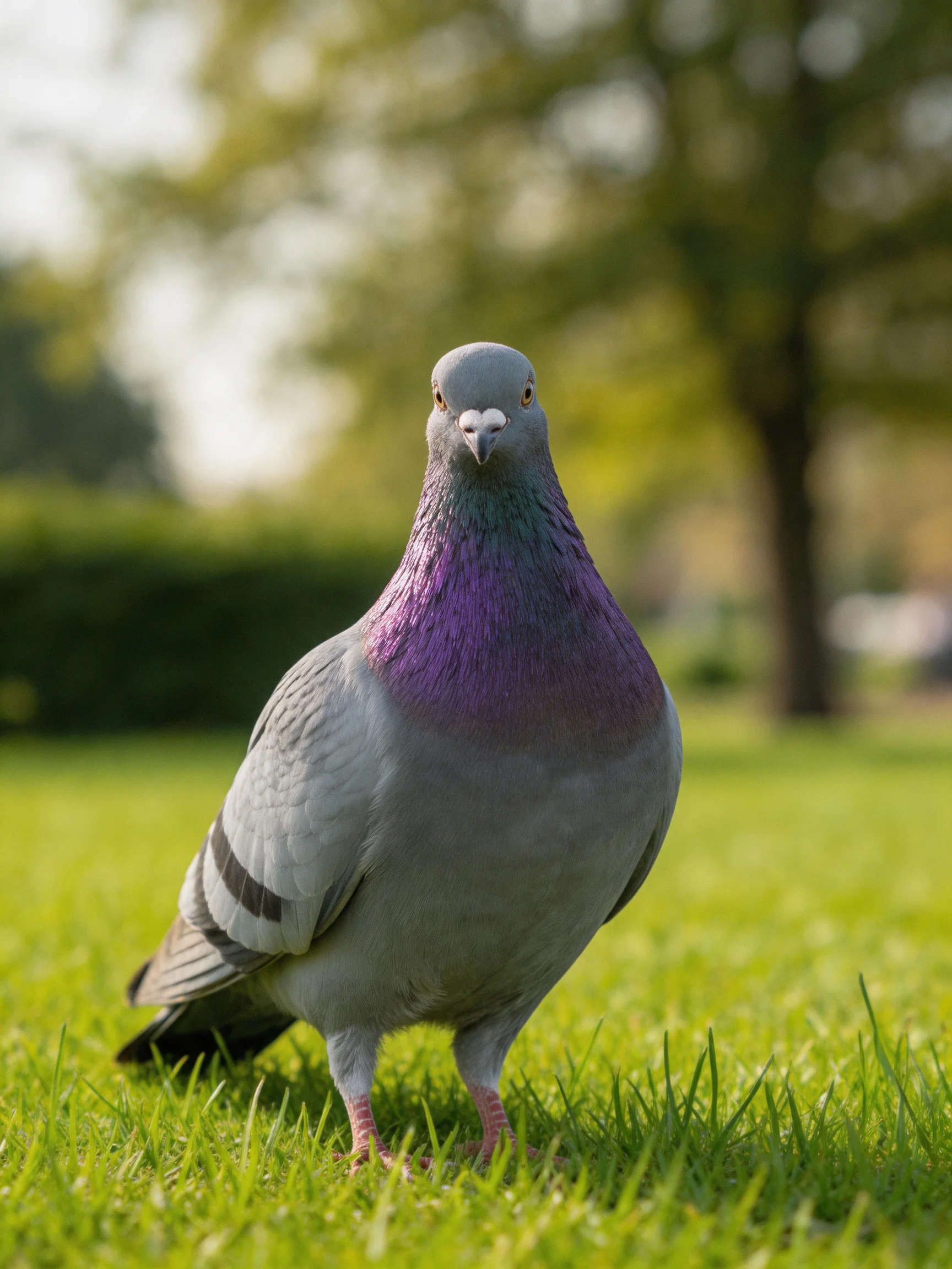 A gray pigeon with iridescent purple neck on lush green grass