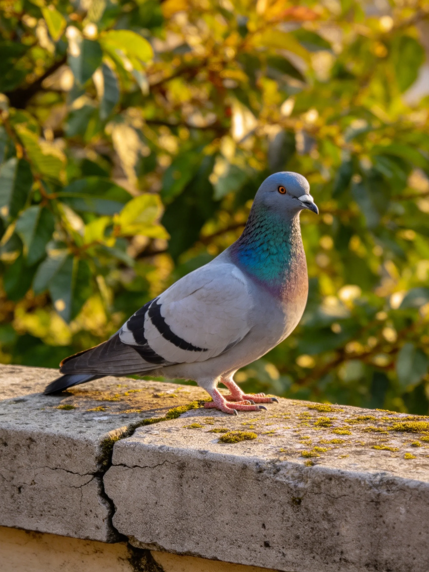 A gray pigeon with iridescent teal neck on mossy stone ledge