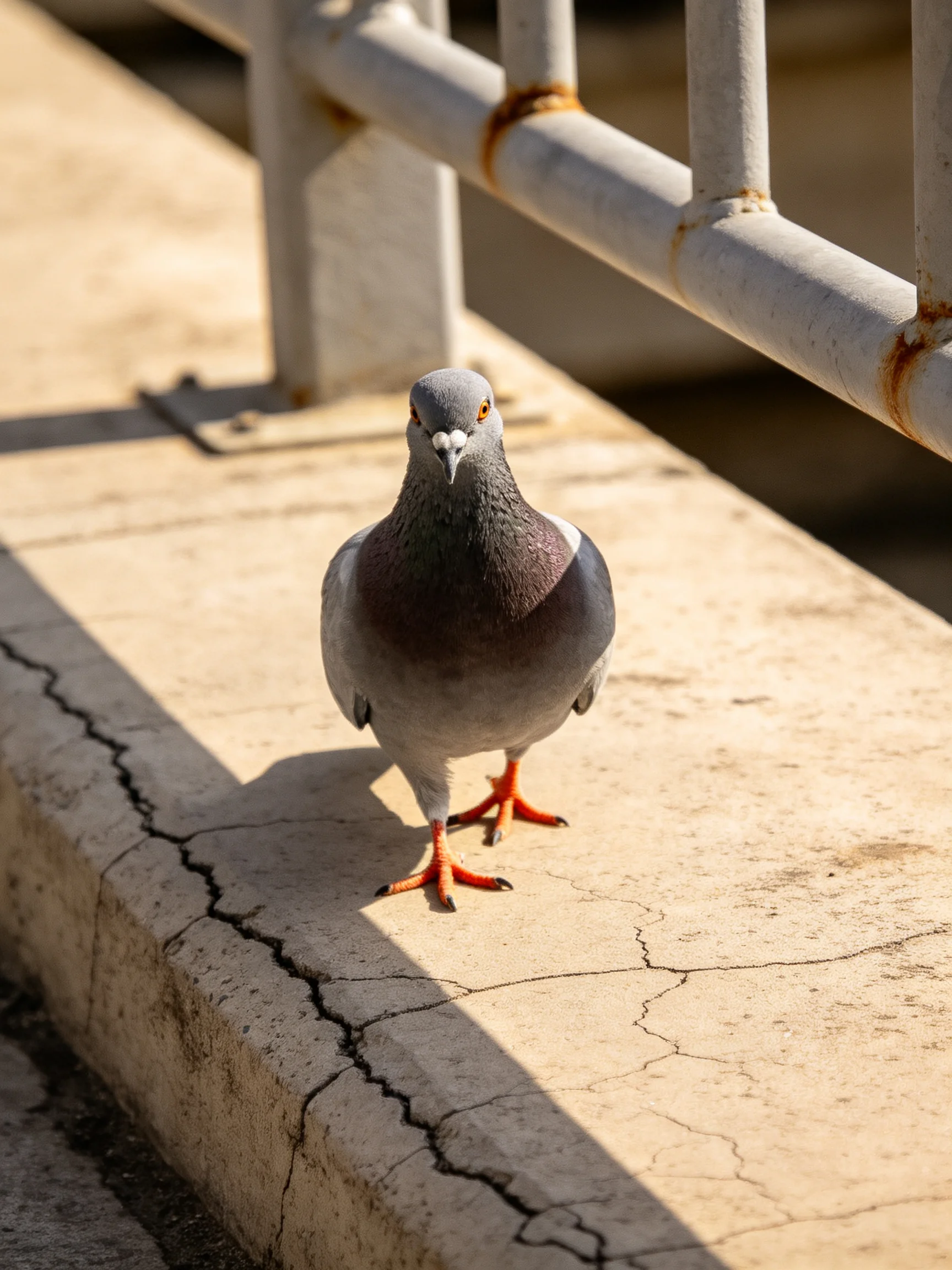 A gray pigeon with orange feet on cracked concrete near a rusty metal railing