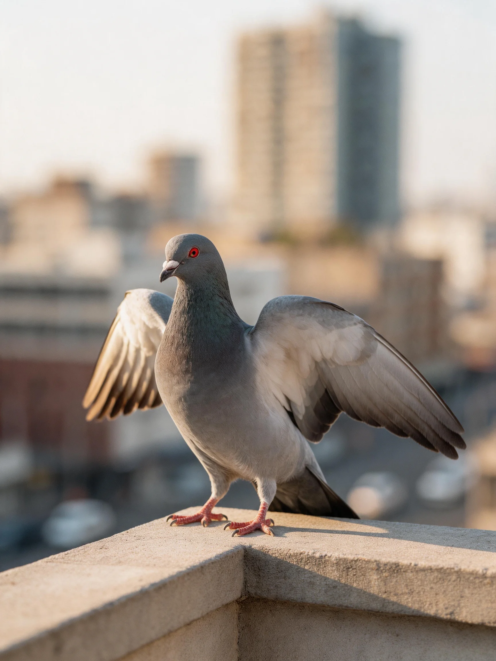 A gray pigeon with outstretched wings perches on a concrete ledge