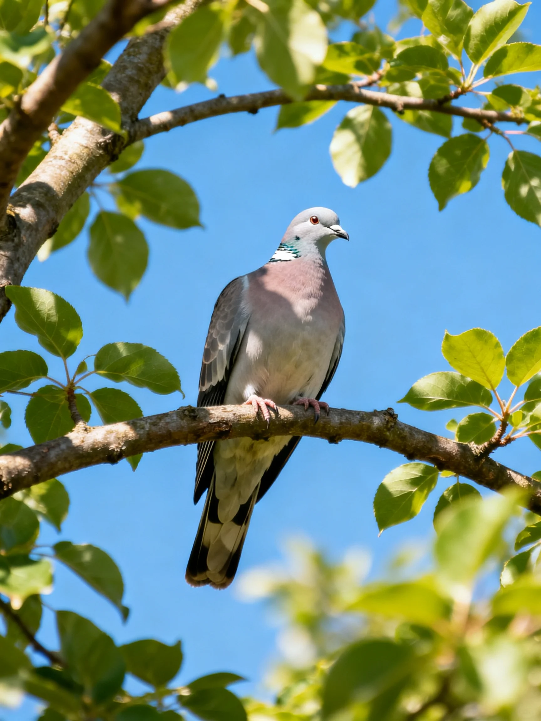 A gray pigeon with pink chest perches on a leafy branch against bright blue sky