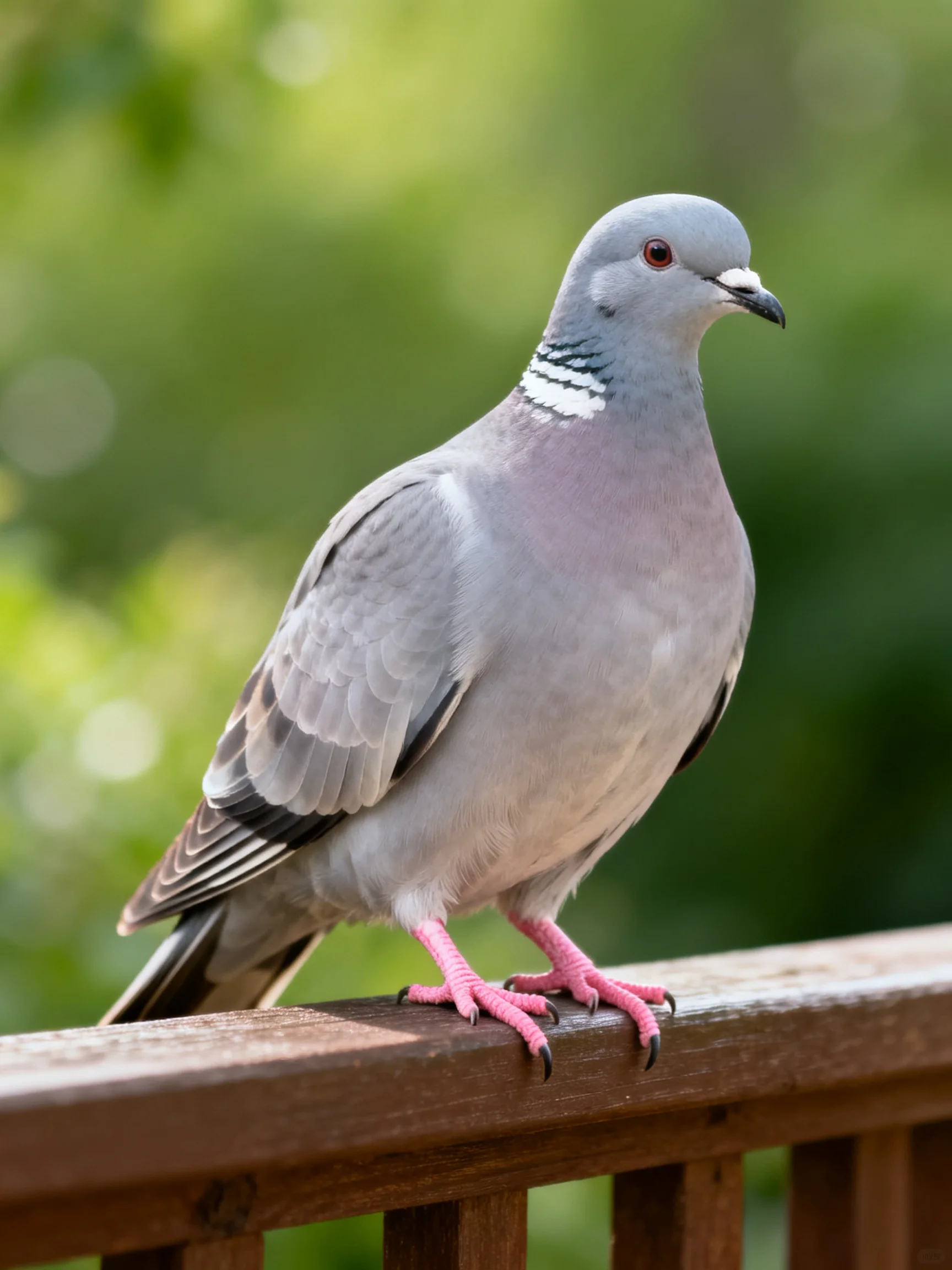 A gray pigeon with pink feet perches on a wooden railing