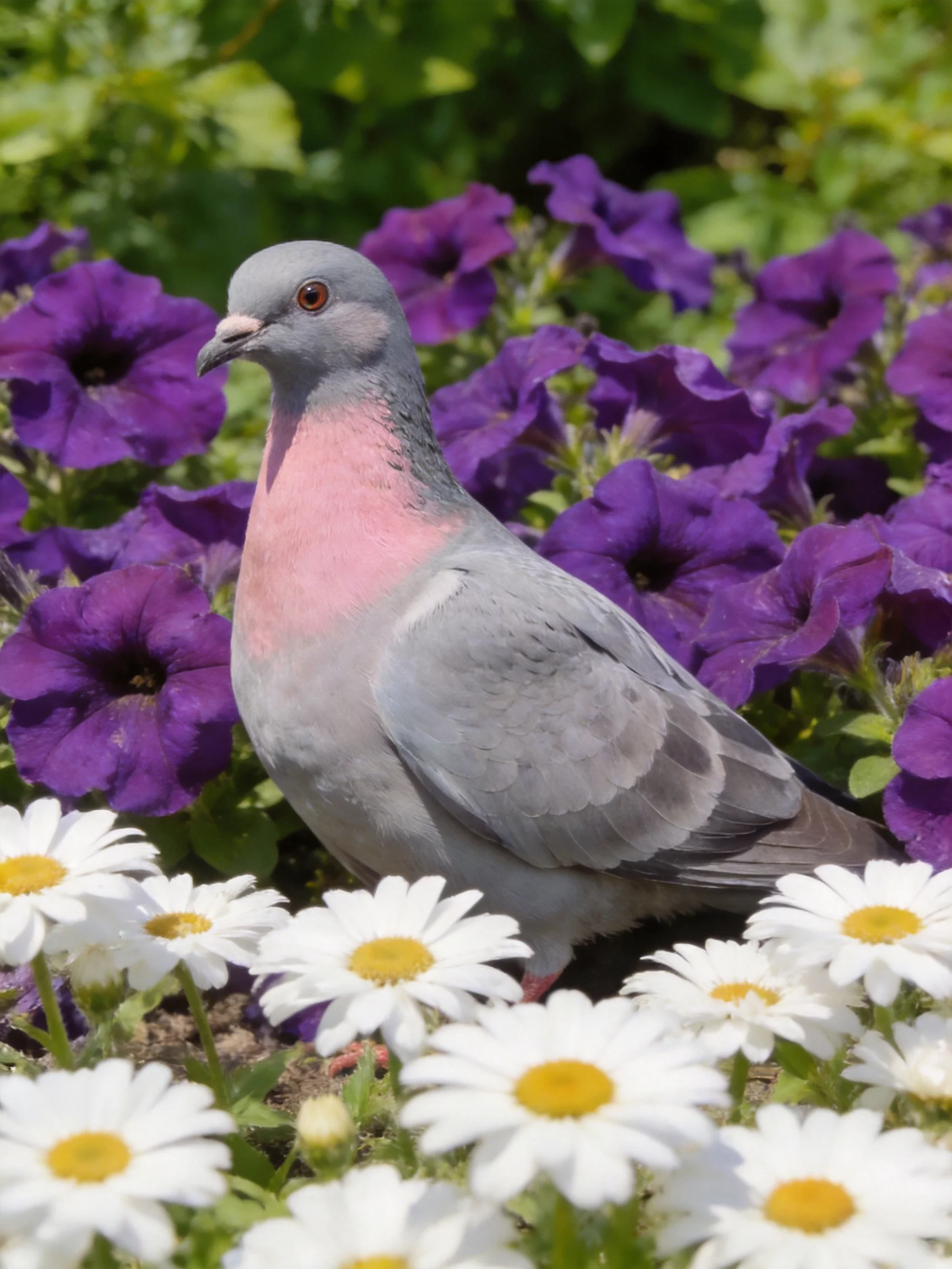 A gray pigeon with pink neck among vibrant purple and white flowers