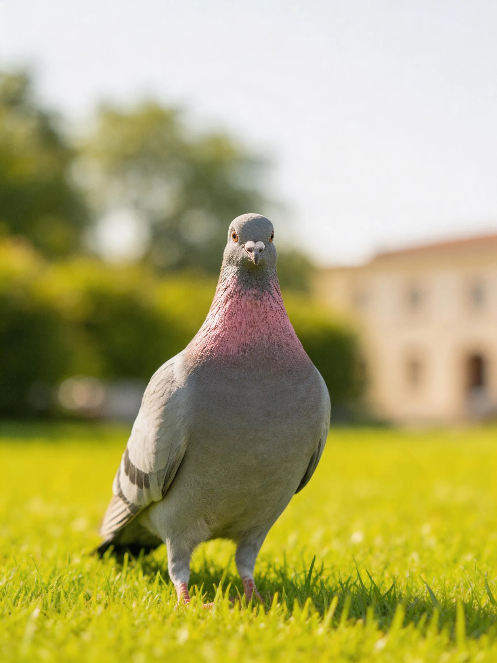 A gray pigeon with pink neck stands on lush green grass