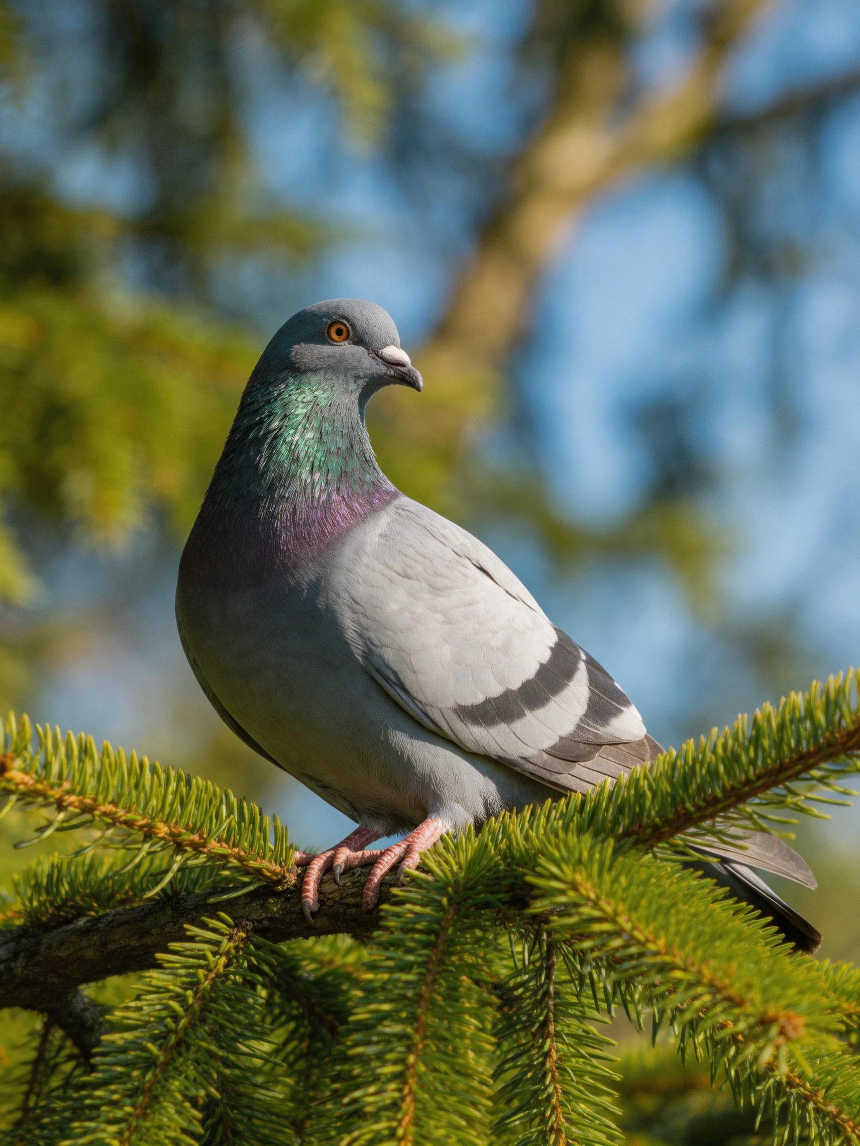 A gray pigeon with purple accents perched on a green pine branch