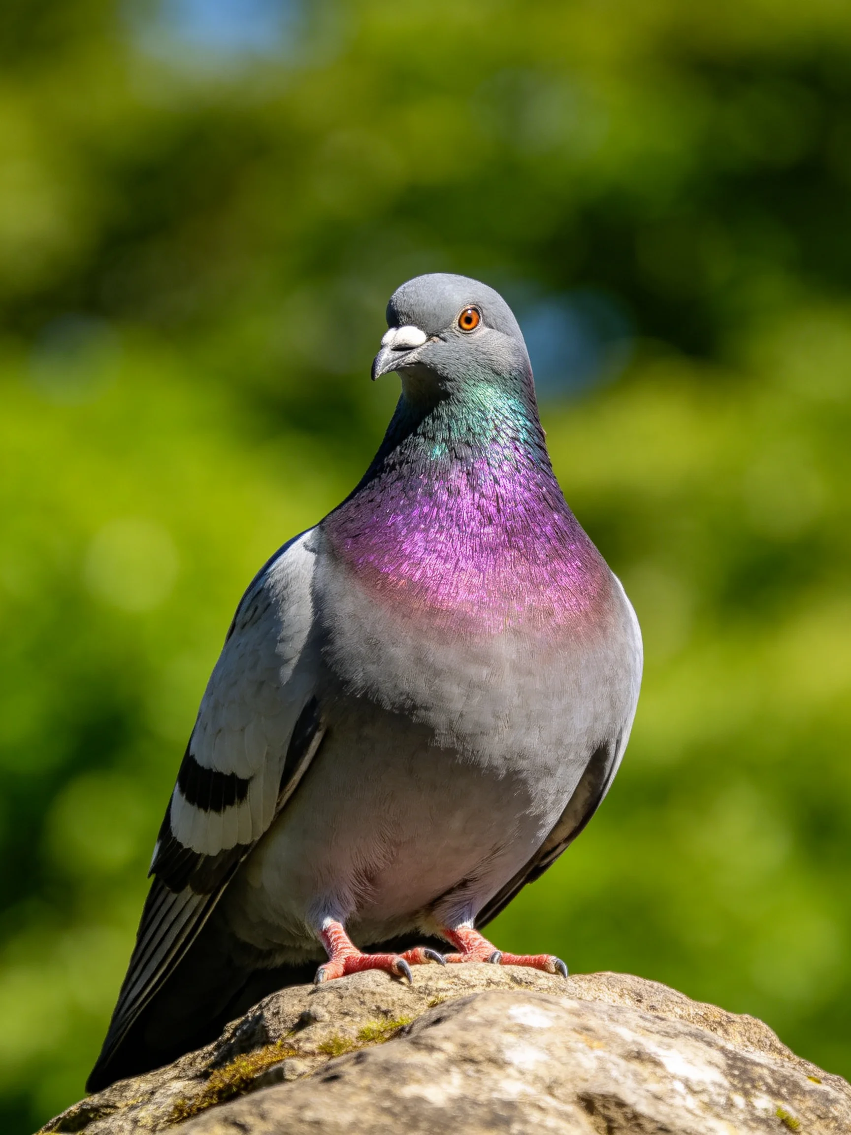 A pigeon with colorful plumage rests on a rock near green foliage.