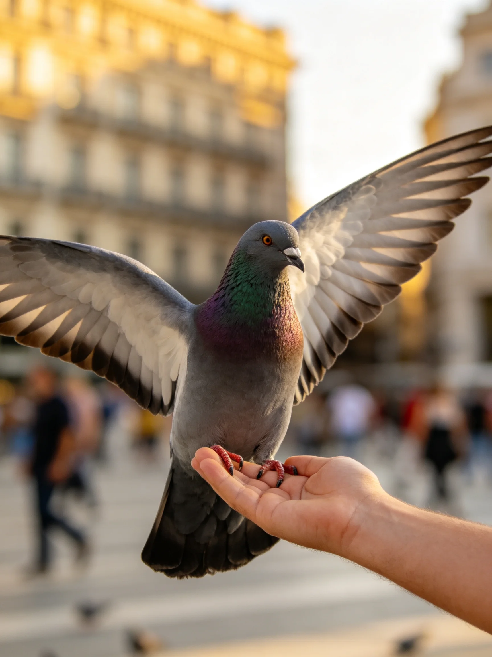A pigeon perches on a hand in a bustling city square.