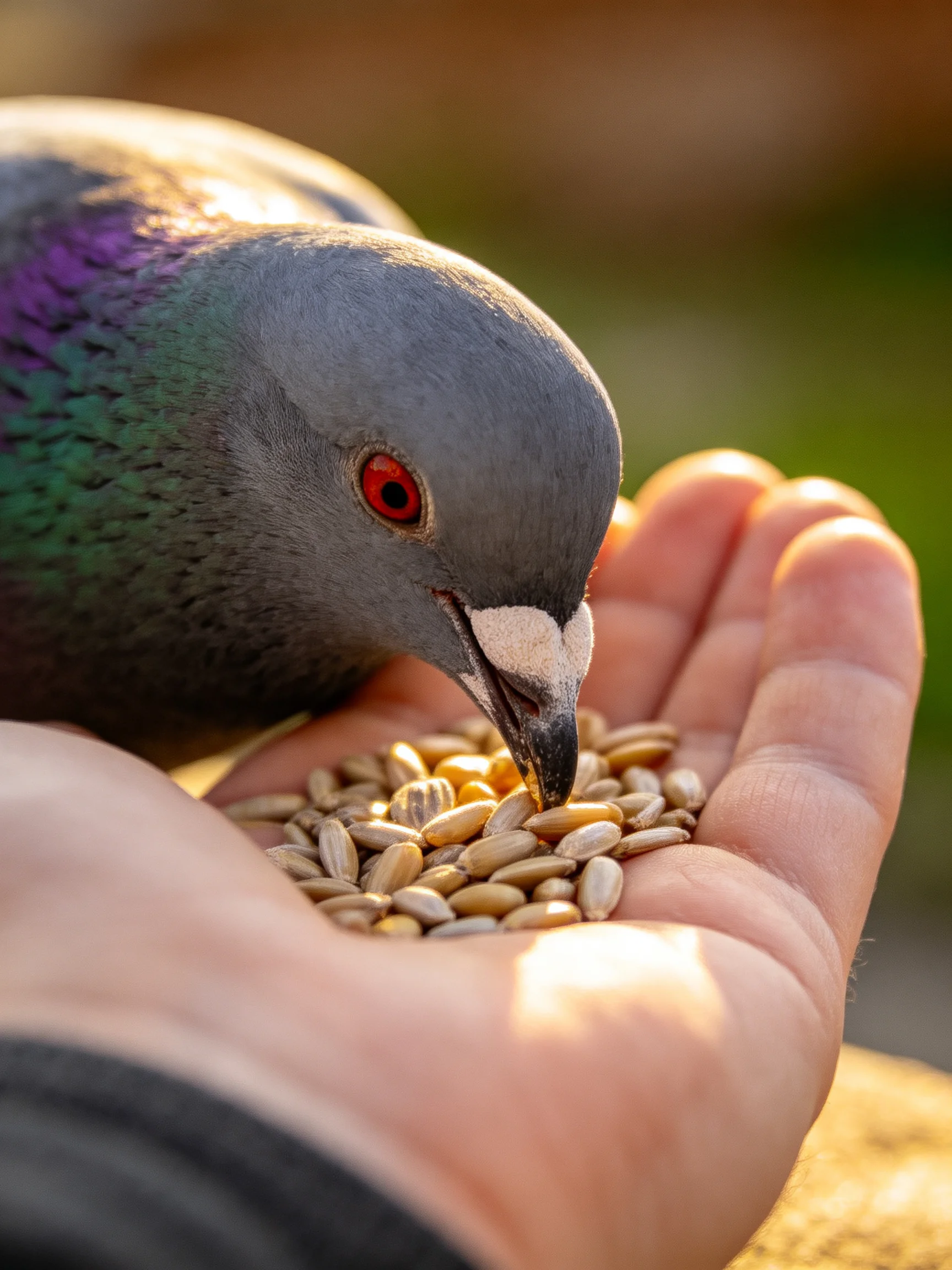 A gray pigeon with purple-green plumage eats seeds from a person’s hand