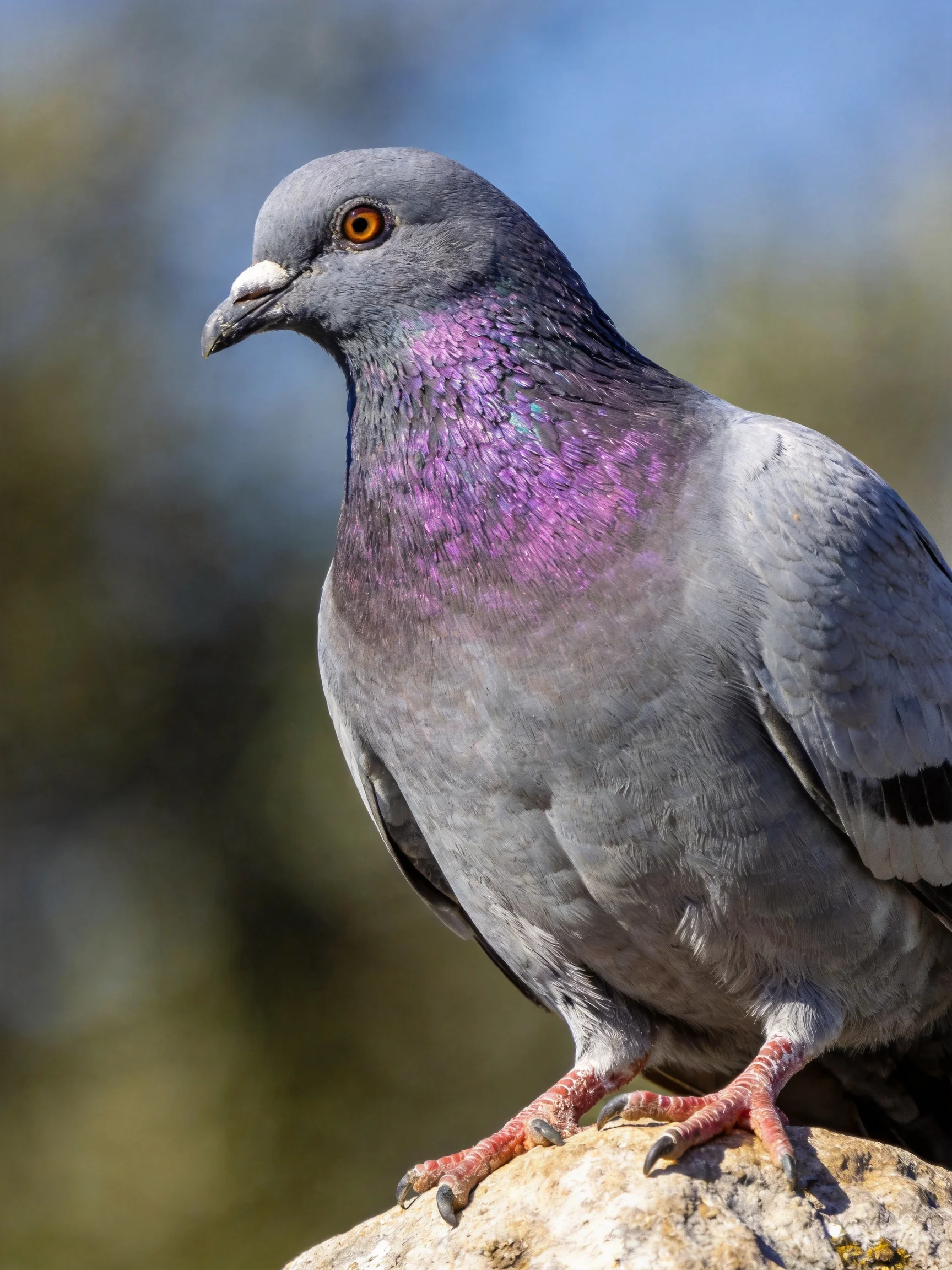 A gray pigeon with purple neck feathers perched on a rock