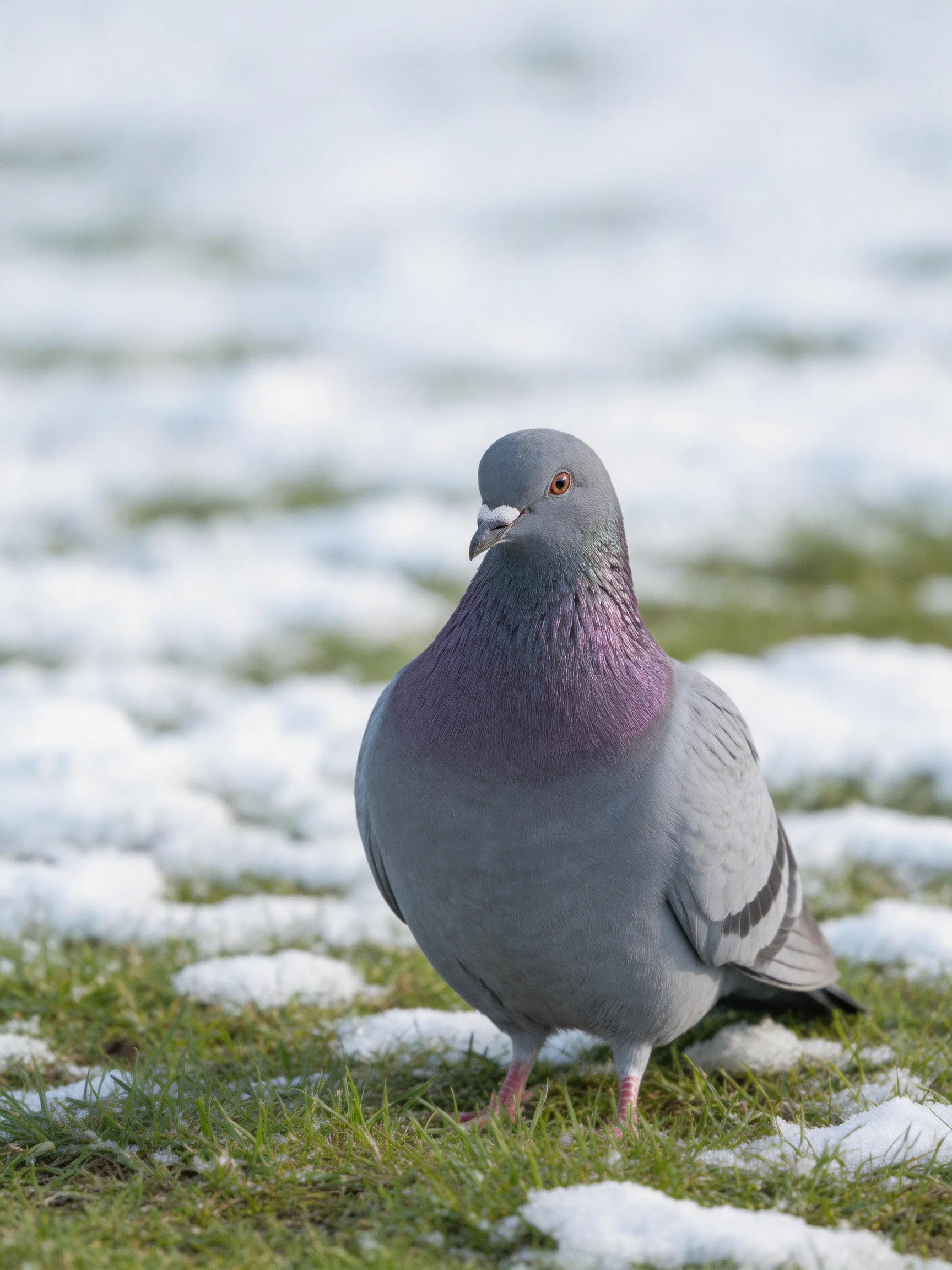 A gray pigeon with purple neck on partially snow-covered grass