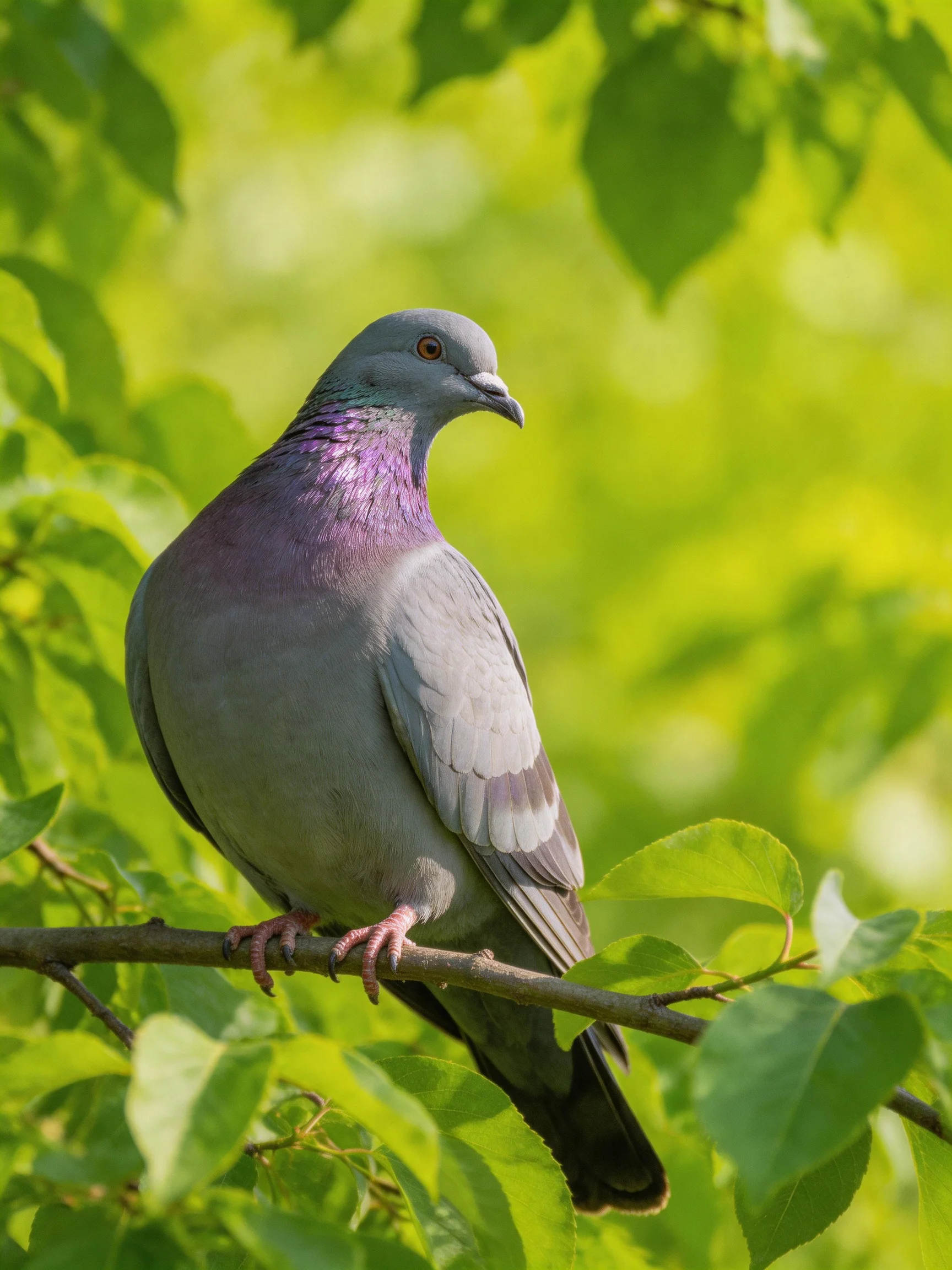 A gray pigeon with purple neck perched among lush green foliage