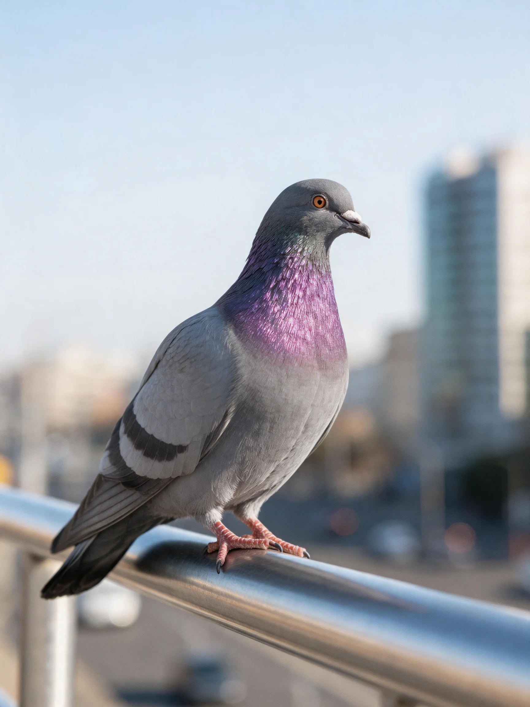 A gray pigeon with purple neck perched on a metal railing