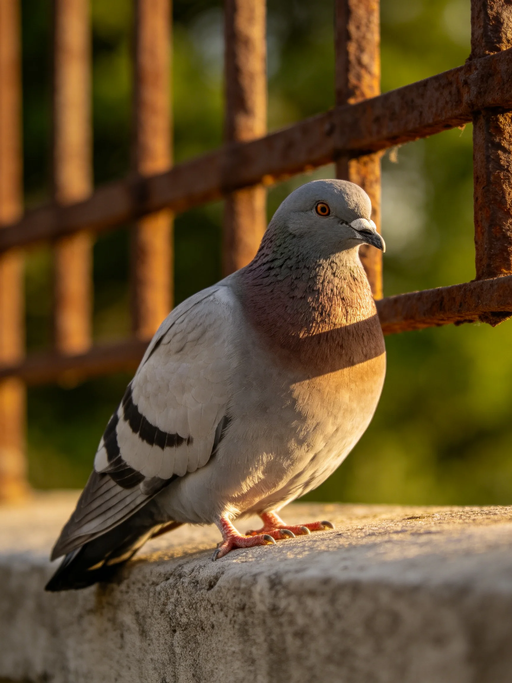 A gray pigeon with purple neck perches by a rusted metal fence on concrete