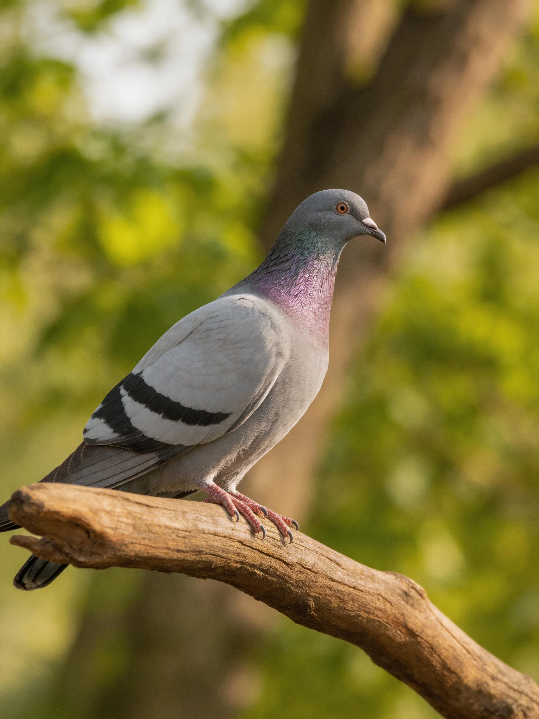 A gray pigeon with purple neck perches on a gnarled wooden branch
