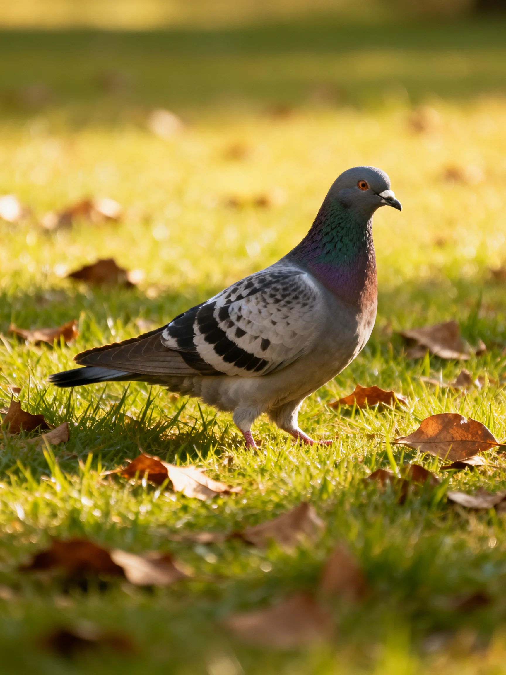 A gray pigeon with purple neck walks on sunlit green grass amid brown leaves