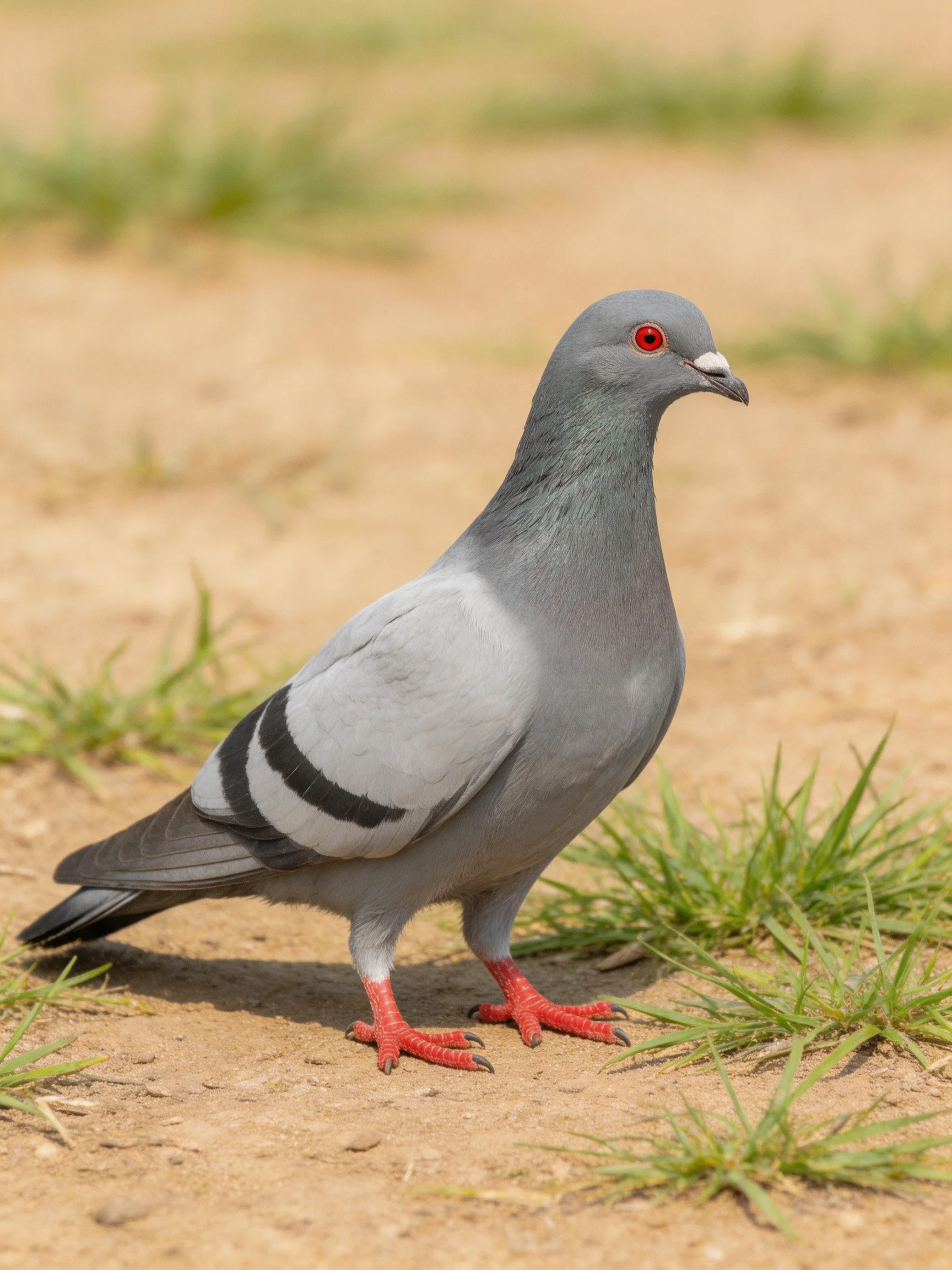 A gray pigeon with red accents stands on sandy ground