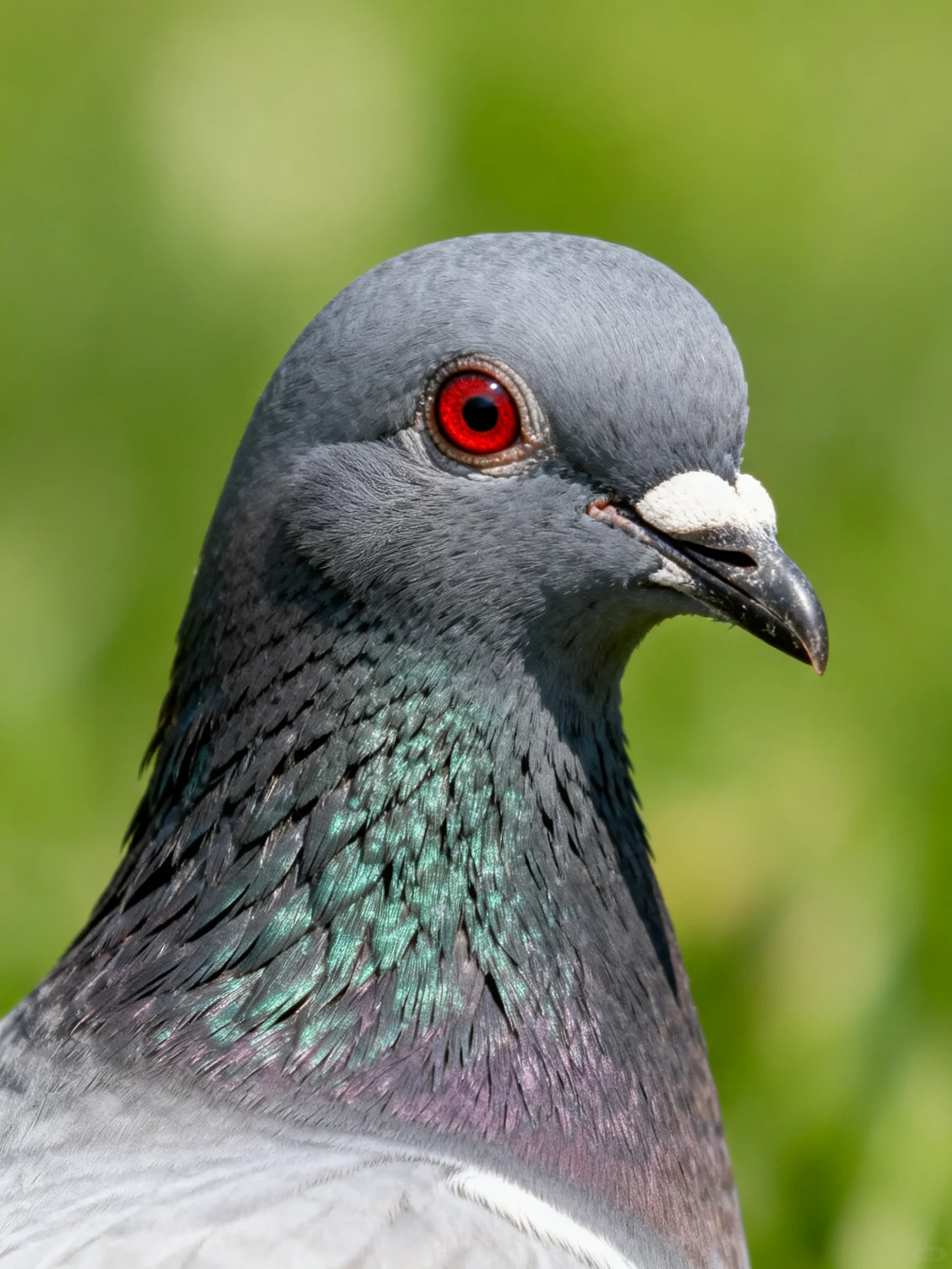 A gray pigeon with red eye and iridescent green neck feathers