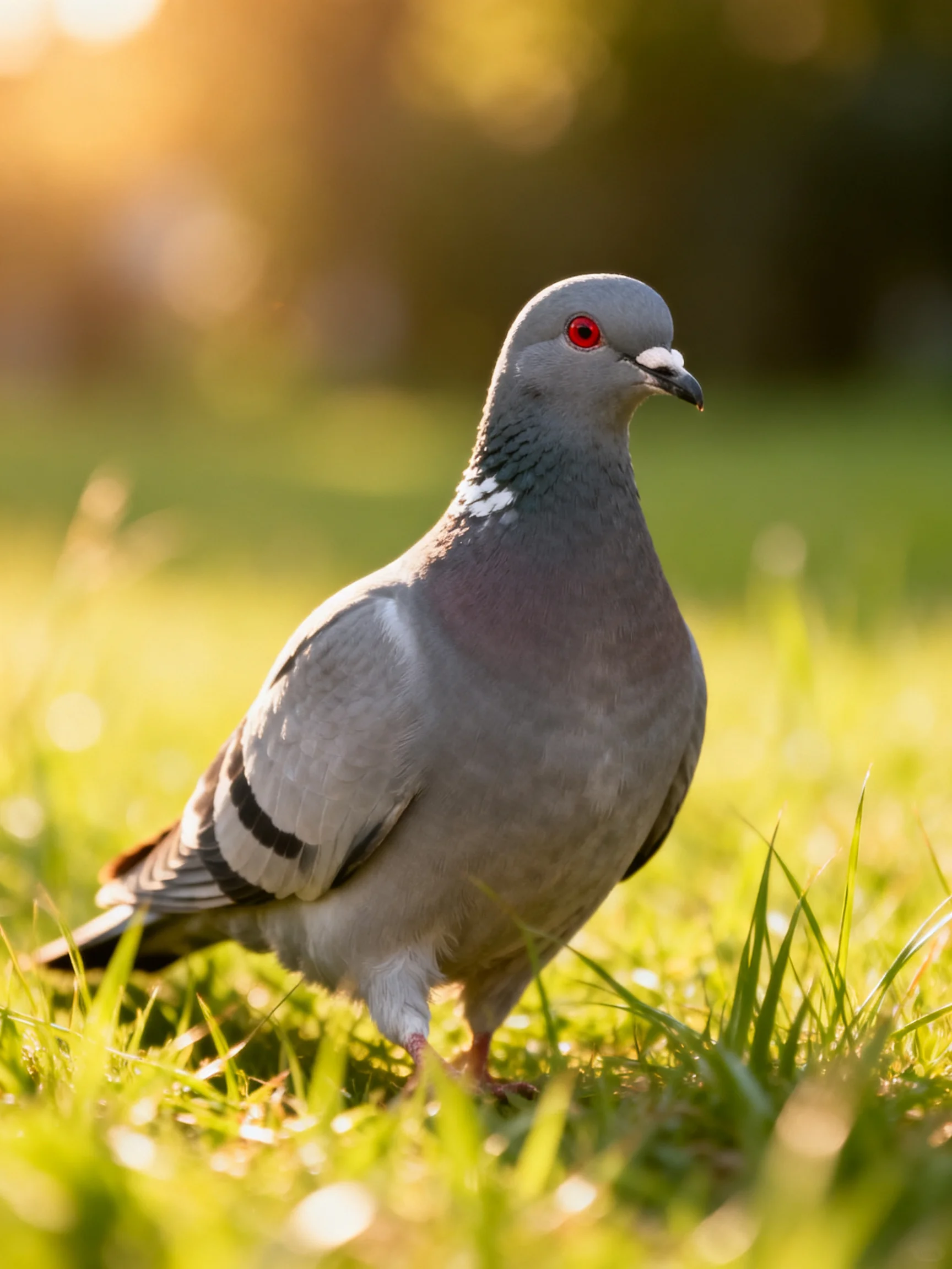 A gray pigeon with red eyes on sun-dappled green grass